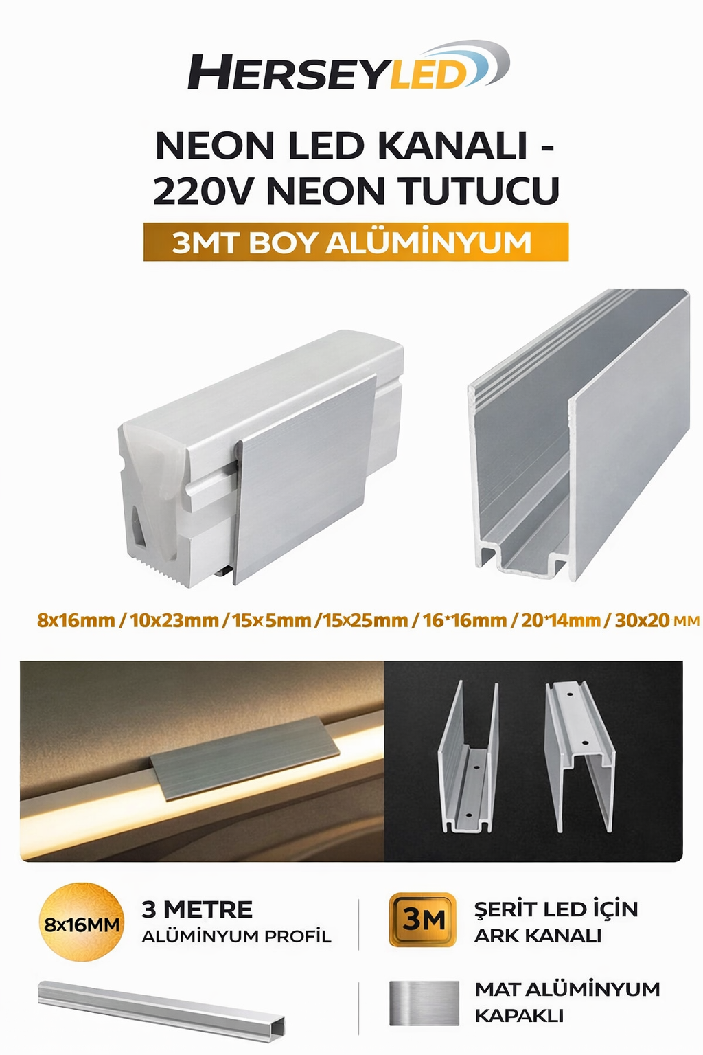 NEON LED KANALI - 220V NEON TUTUCU  - 3MT BOY ALİMİNYUM
