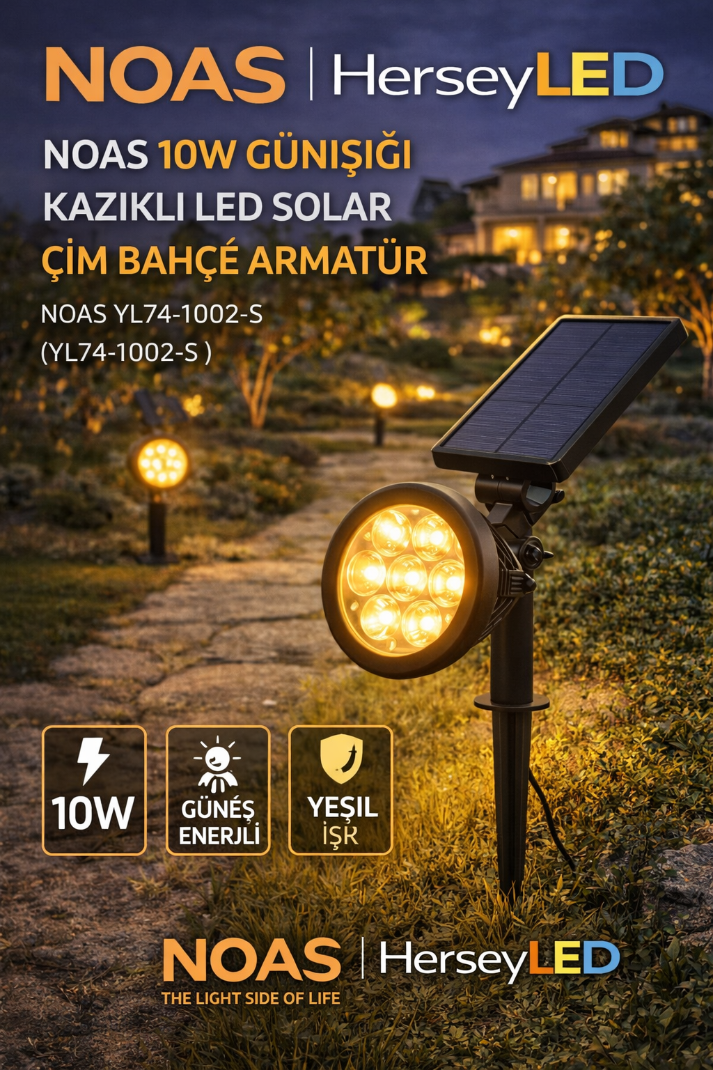 NOAS 10W GÜNIŞIĞI KAZIKLI LED SOLAR ÇİM BAHÇE ARMATUR NOAS YL74-1002-S