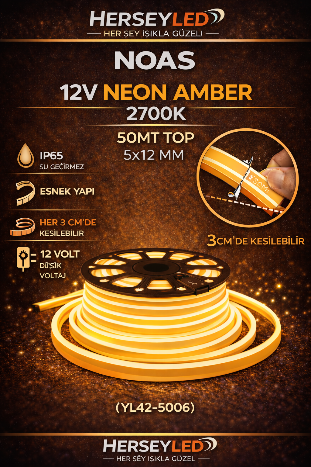 NOAS 12V NEON AMBER 2700K 50MT TOP 5X12 MM YL42-5006