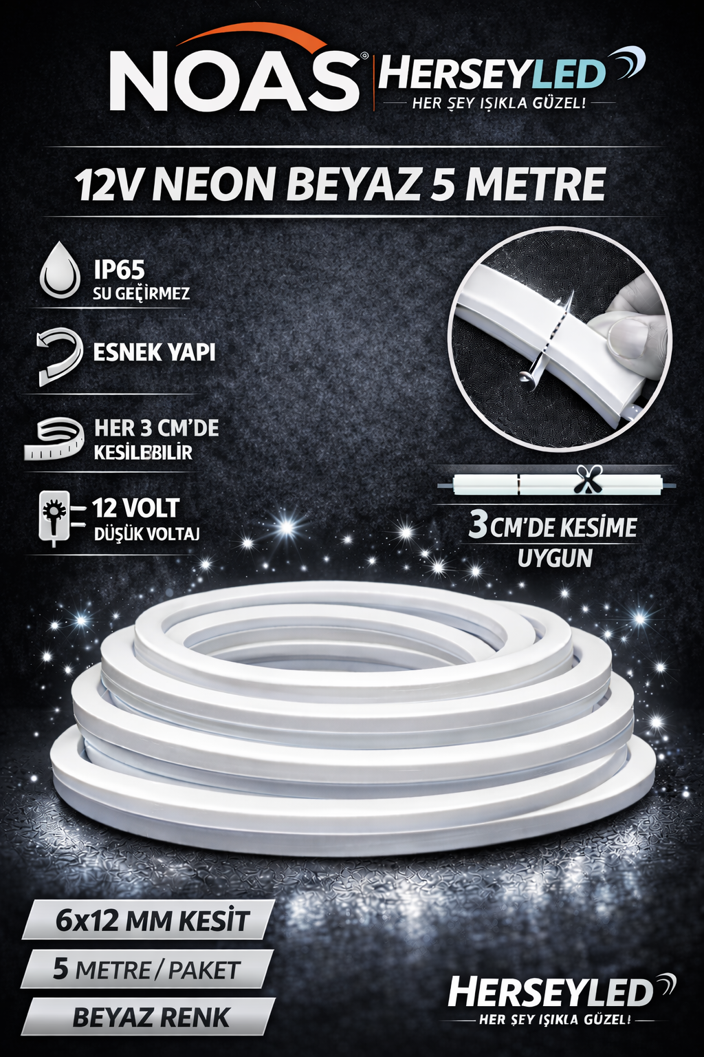 NOAS 12V NEON BEYAZ 5MT / PAKET 6X12MM YL42-0121