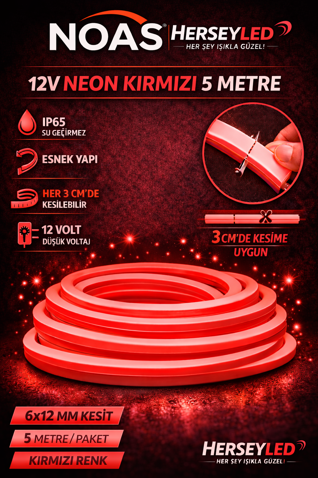 NOAS 12V NEON KIRMIZI 5MT / PAKET 6X12MM YL42-0124