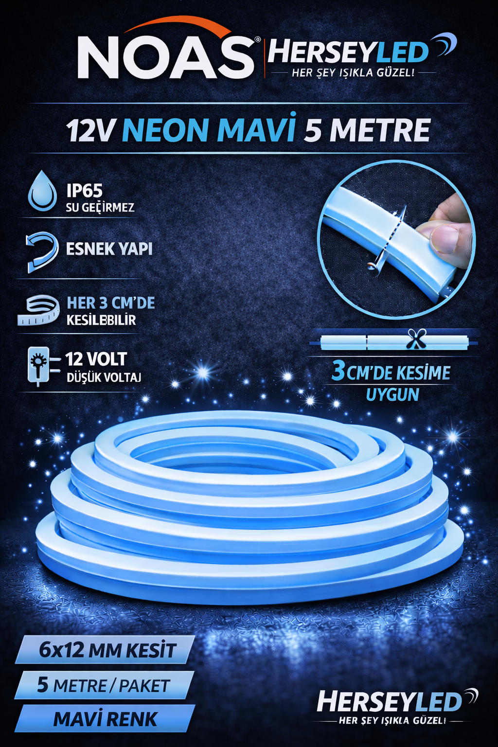 NOAS 12V NEON MAVİ 5MT / PAKET 6X12MM YL42-0123