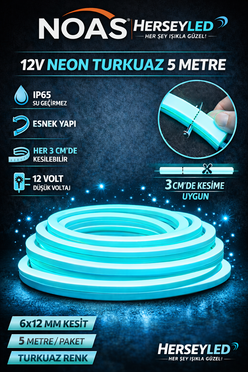 NOAS 12V NEON TURKUAZ  5MT / PAKET 6X12MM YL42-1219