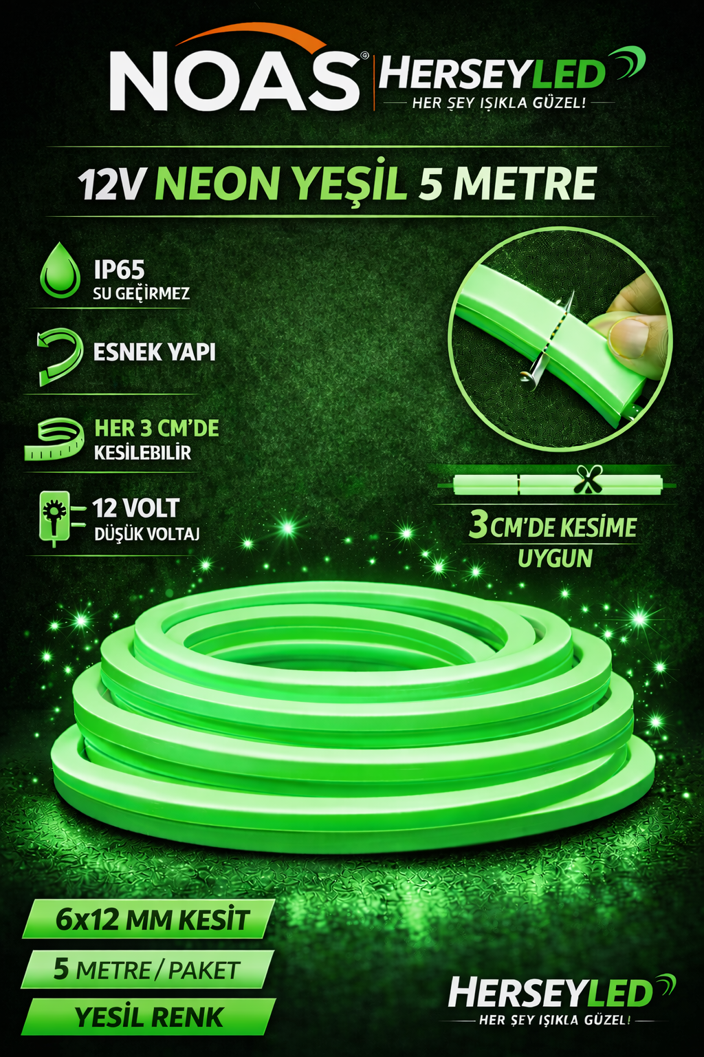 NOAS 12V NEON YEŞİL 5MT / PAKET 6X12MM YL42-0125