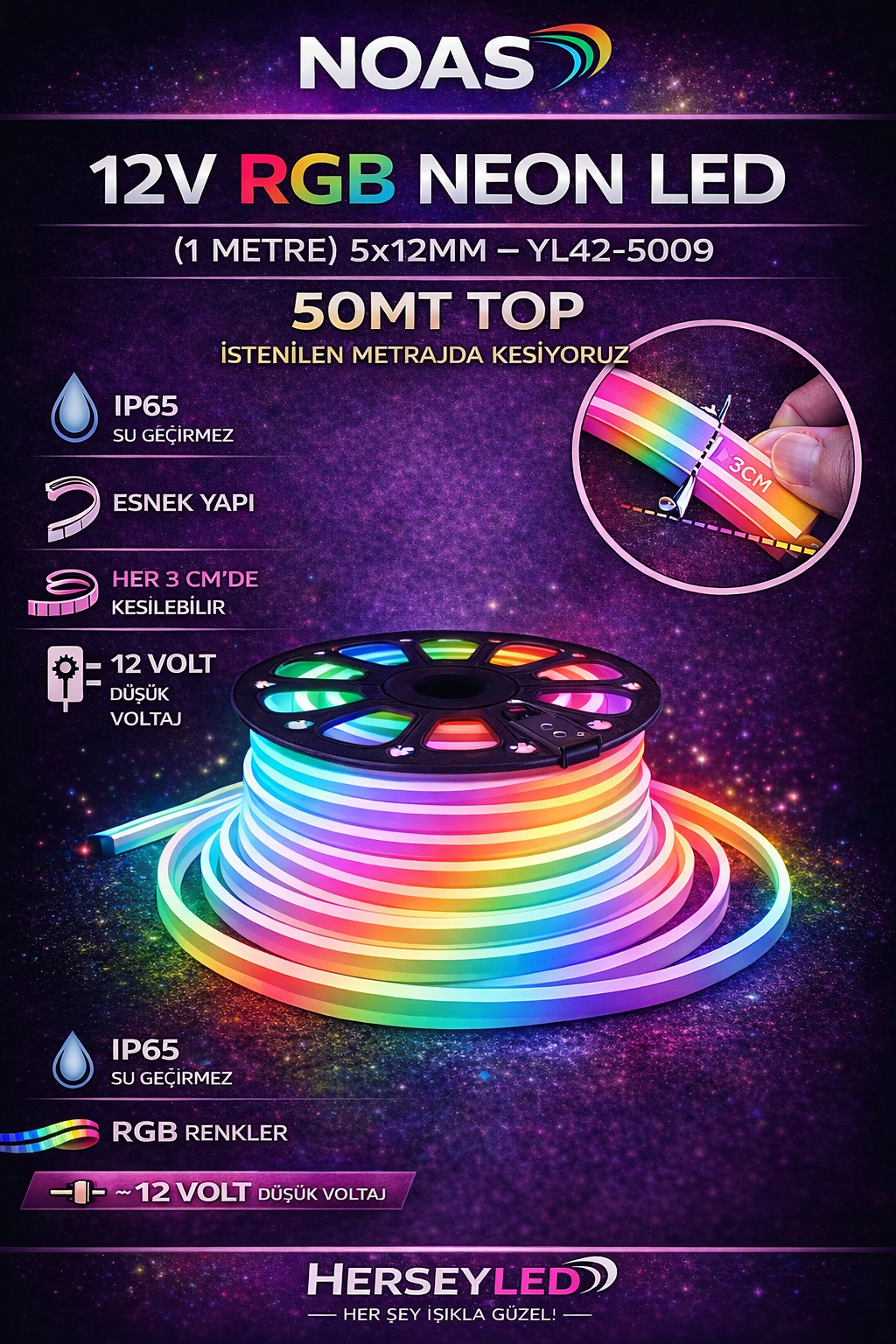 NOAS 12V RGB Neon LED ( 1 METRE ) 5x12mm – YL42-5009 Dekoratif Aydınlatma