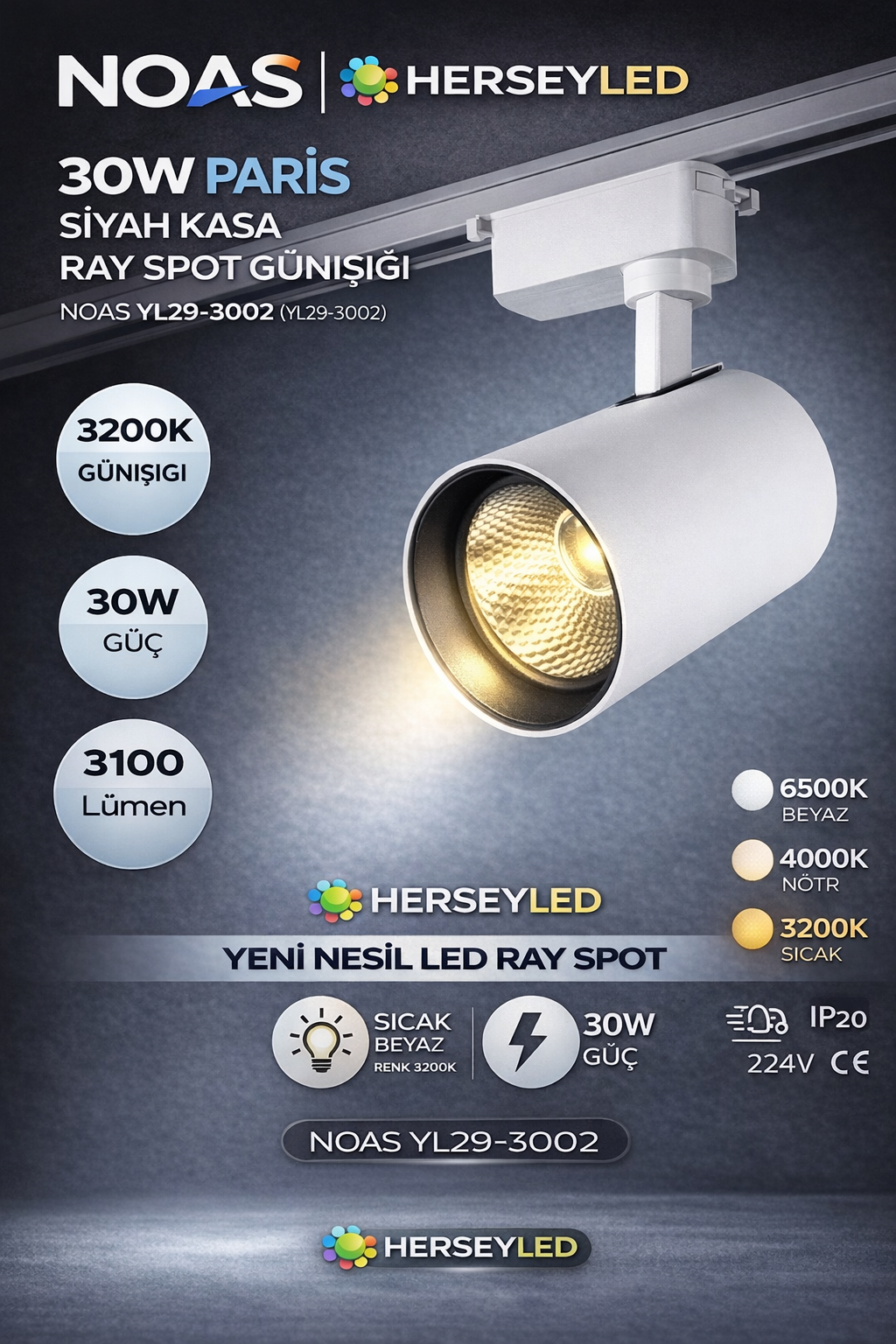 NOAS 30W PARİS GÜNIŞIĞI BEYAZ KASA RAY SPOT GÜNIŞIĞI NOAS YL29-3002