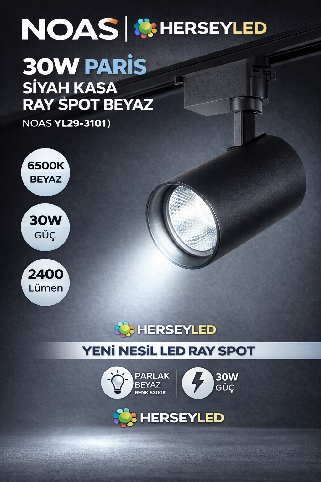 NOAS 30W PARİS SİYAH KASA RAY SPOT BEYAZ NOAS YL29-3101