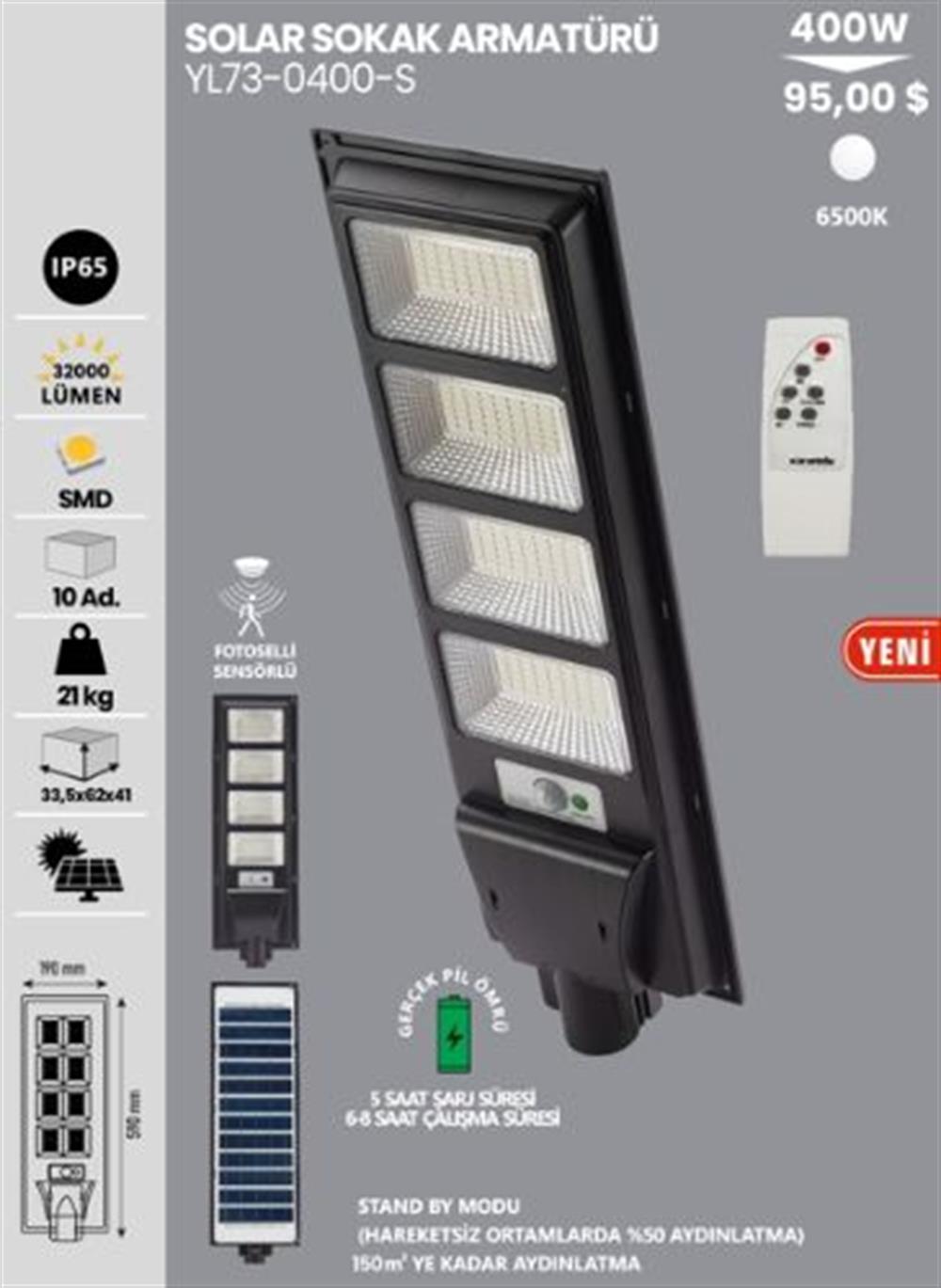 NOAS 400W YL73-0400-S BEYAZ IŞIK SOLAR BAHÇE ARMATÜRÜ 