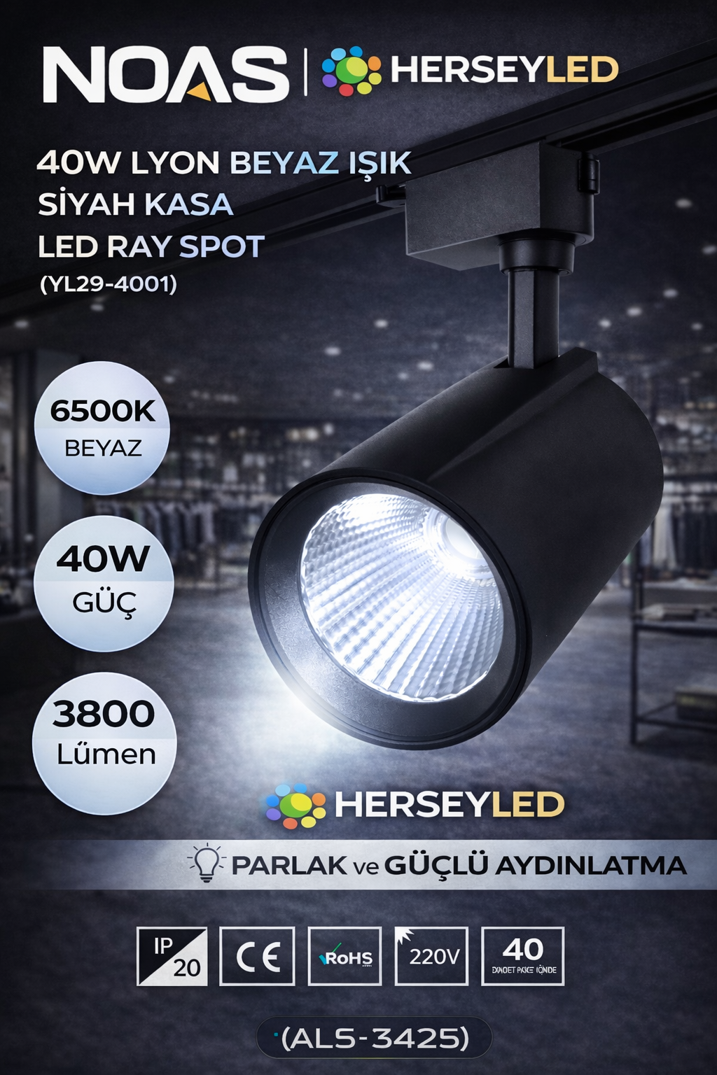 NOAS 40W LYON BEYAZ IŞIK SİYAH KASA LED RAY SPOT YL29-4001