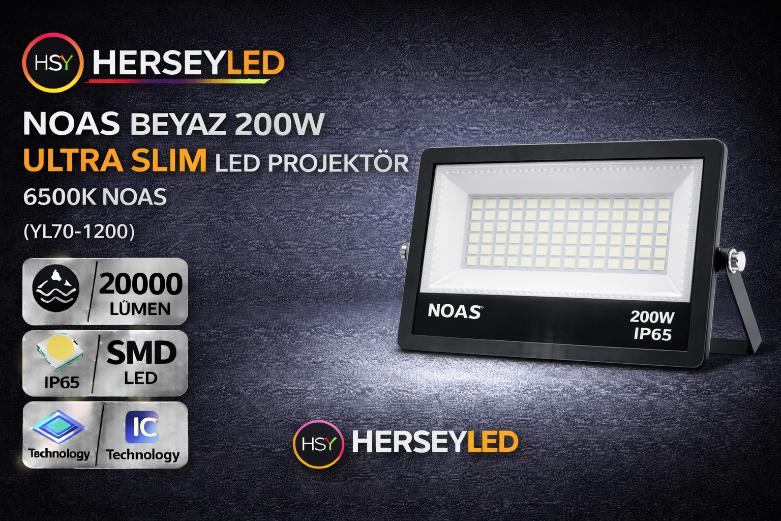 NOAS BEYAZ 200W ULTRA SLİM LED PROJEKTÖR 6500K NOAS YL70-1200