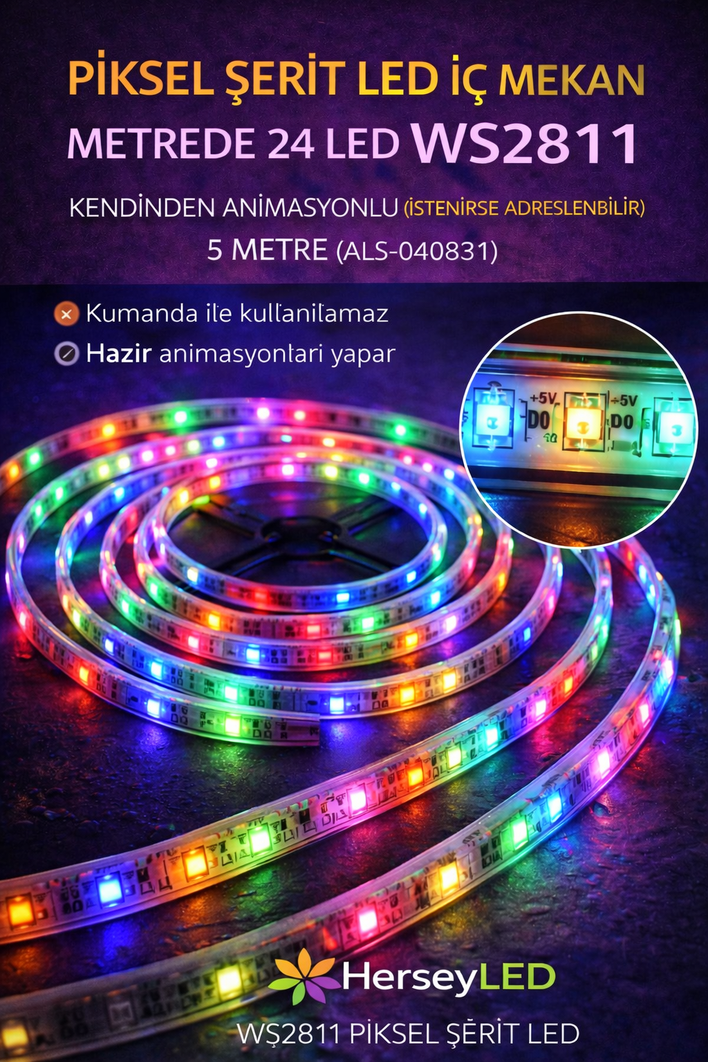 PİKSEL ŞERİT LED İÇ MEKAN METREDE 24 LED WS2811 KENDİNDEN ANİMASYONLU ( İSTENİRSE ADRESLENBİLİR ) 5 METRE