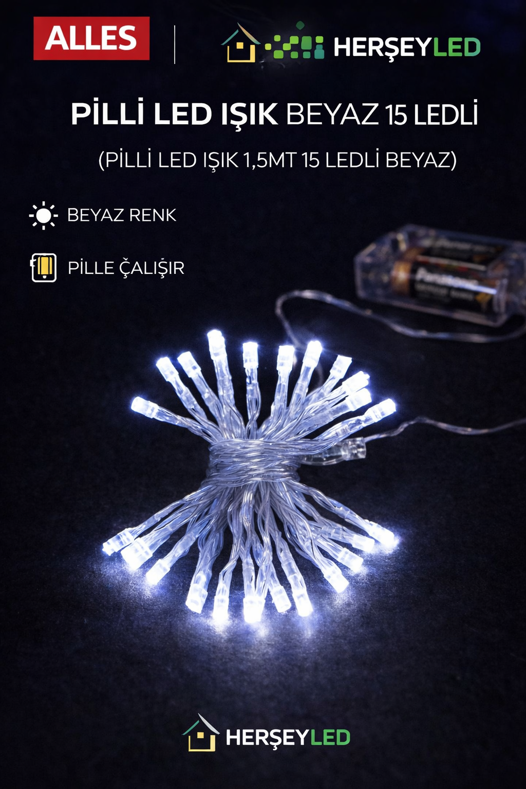 PİLLİ LED IŞIK BEYAZ 15 ledli