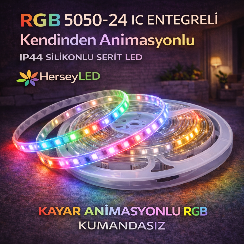 RGB 5050-24 IC ENTEGRELİ KENDİNDEN ANİMASYONLU IP44 ŞERİT LED