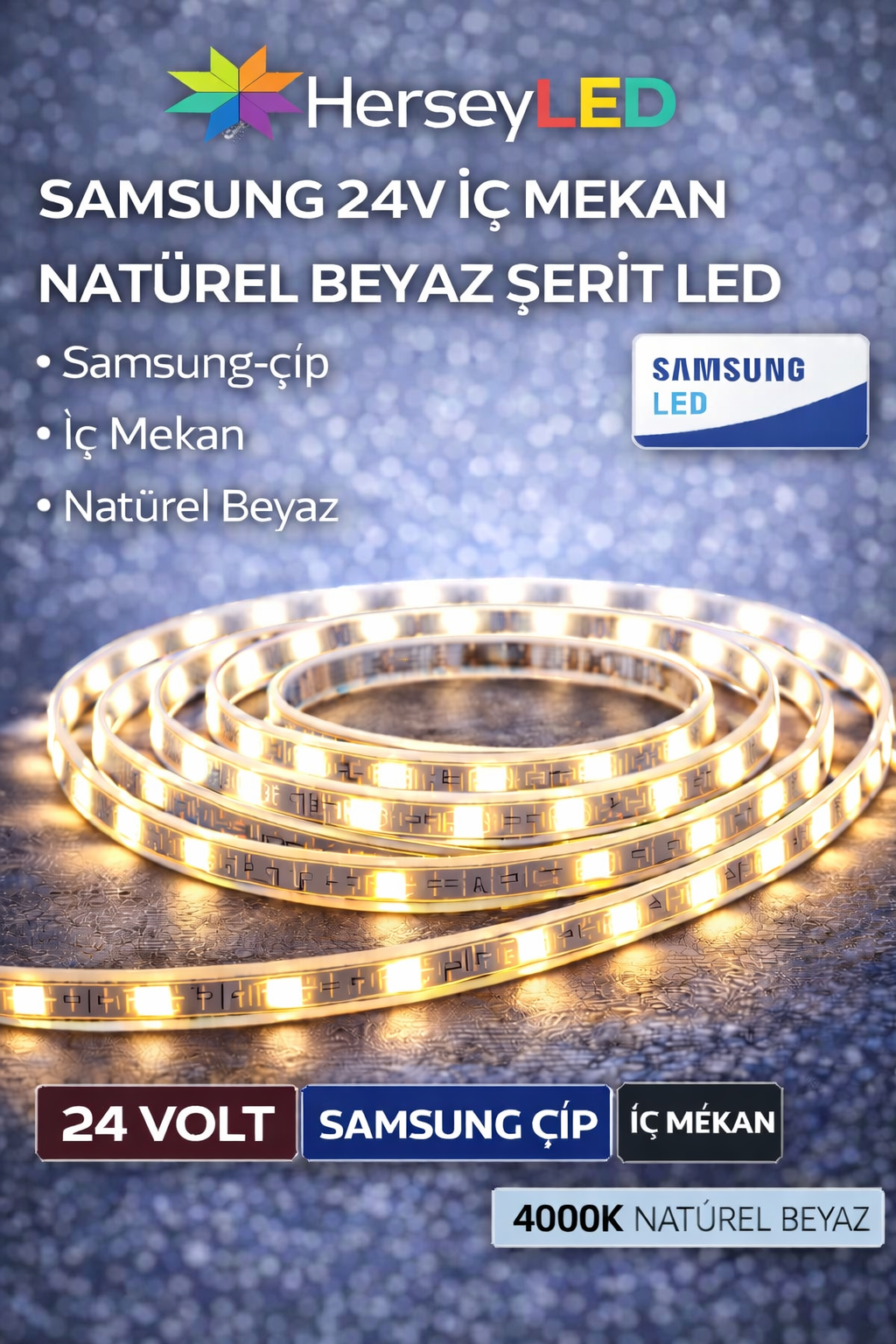 SAMSUNG ŞERİT LED 24V 2835/60 LEDLİ 4000K İÇ MEKAN IP20