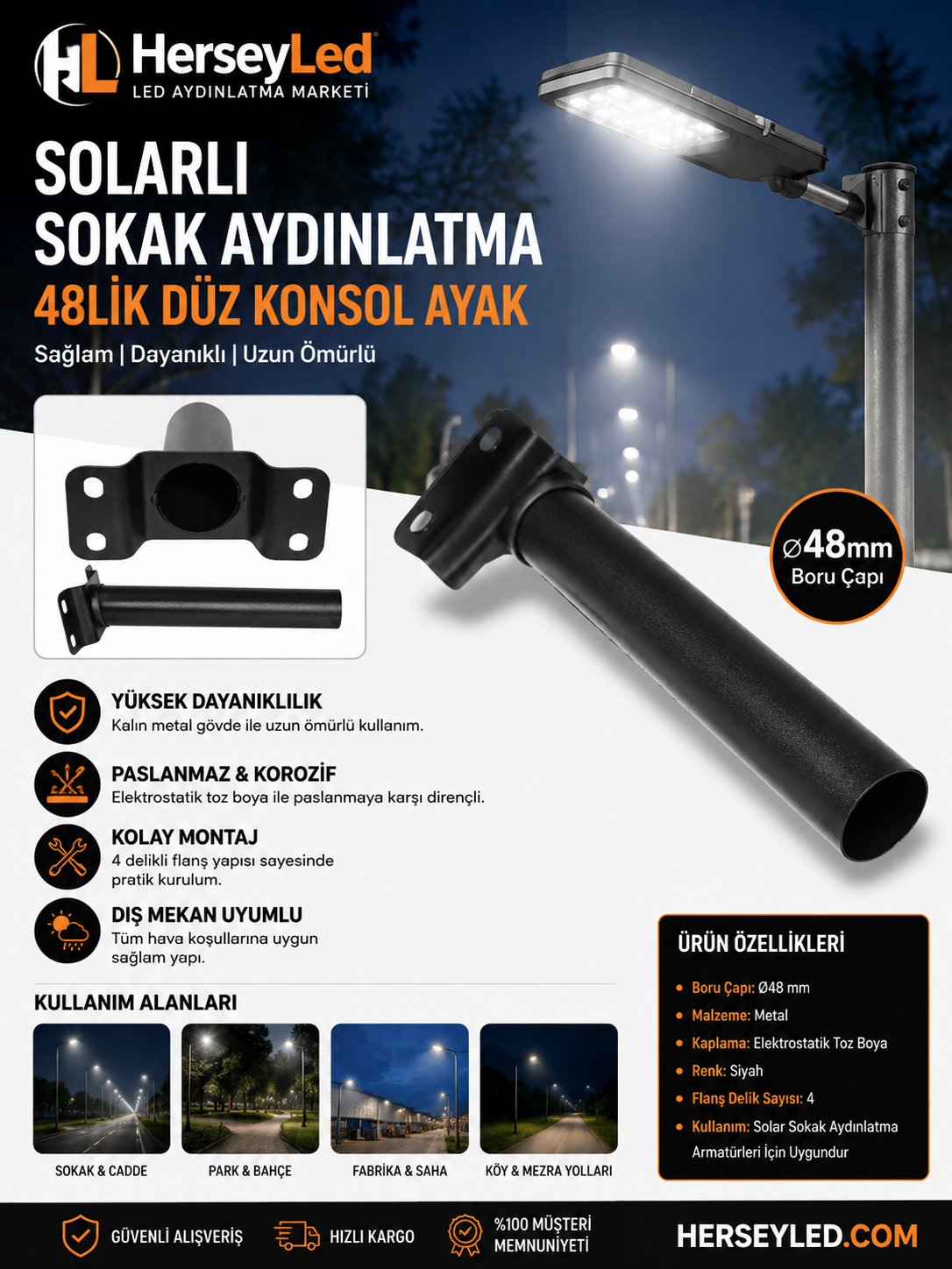Solarlı Sokak Aydınlatma 48lik düz Konsol Ayak