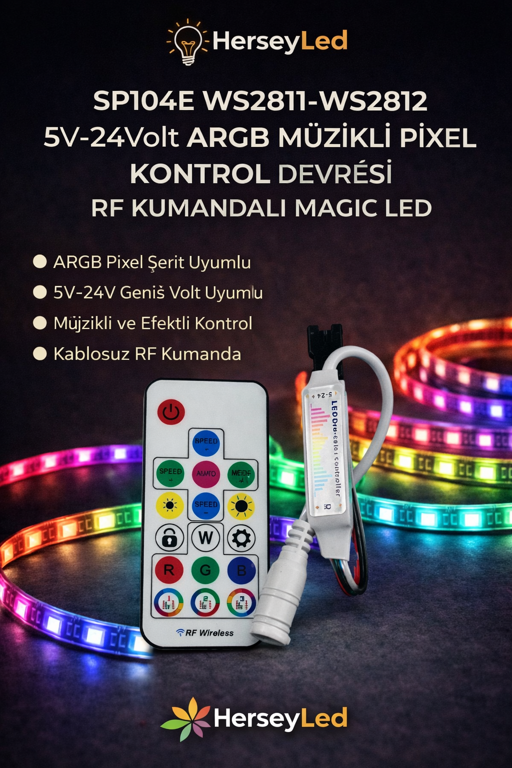 SP104E WS2811-WS2812 Volt ARGB Müzikli Pixel Kontrol Devresi RF Kumandalı Magic Led