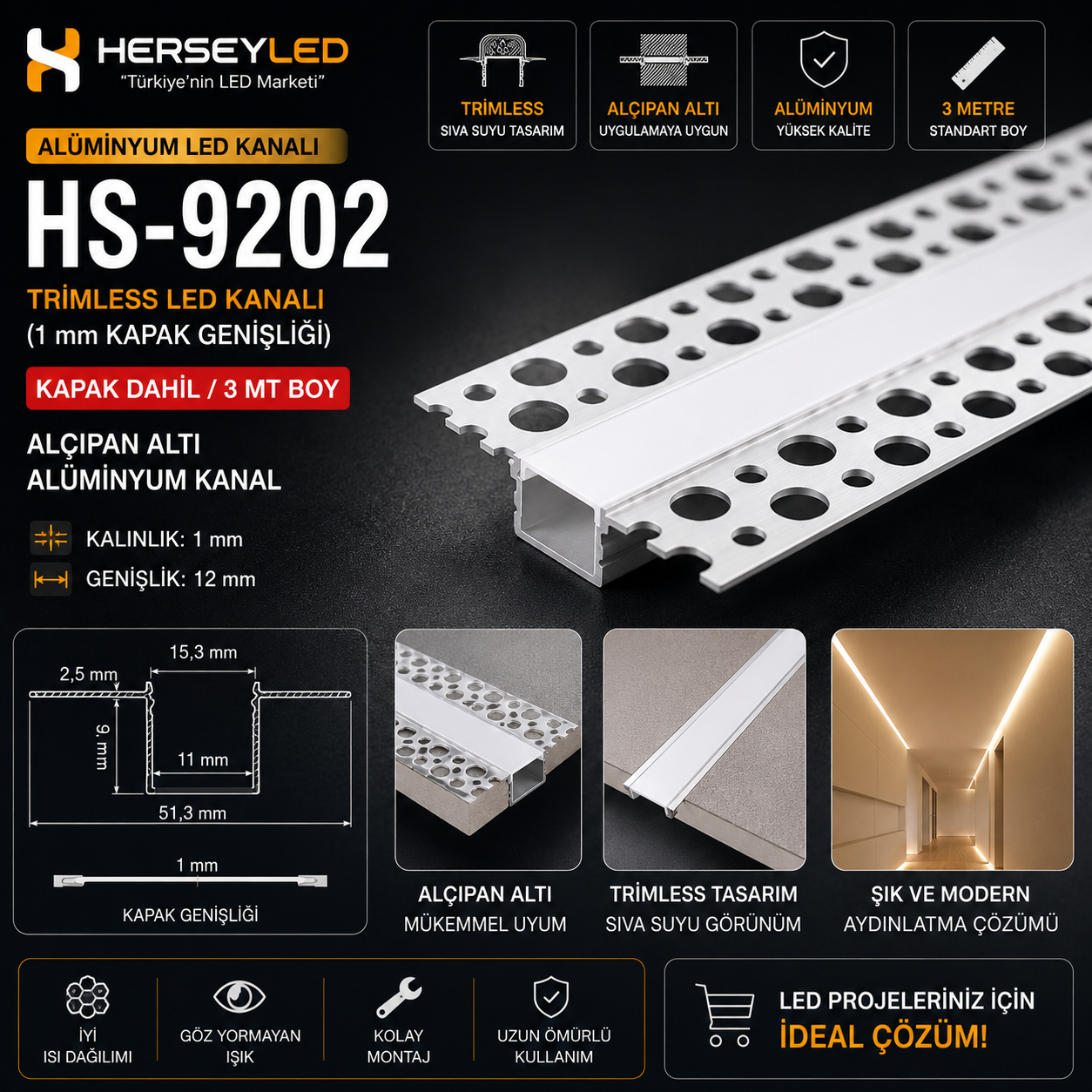 TRİMLESS LED KANALI ( 1,2mm KAPAK GENİŞLİĞİ ) + KAPAK DAHİL / 3 MT BOY  ALÇIPAN ALTI ALUMİNYUM KANAL ( HS-9202 )
