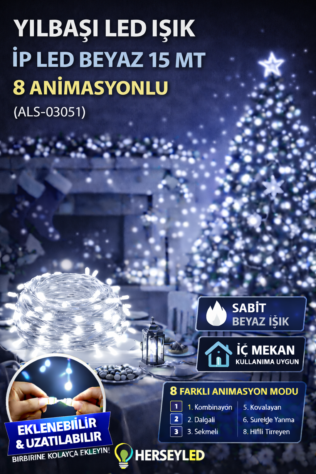 YILBAŞI LED IŞIK İP LED BEYAZ 15 MT 8 ANIMASYON EKLENEMEZ