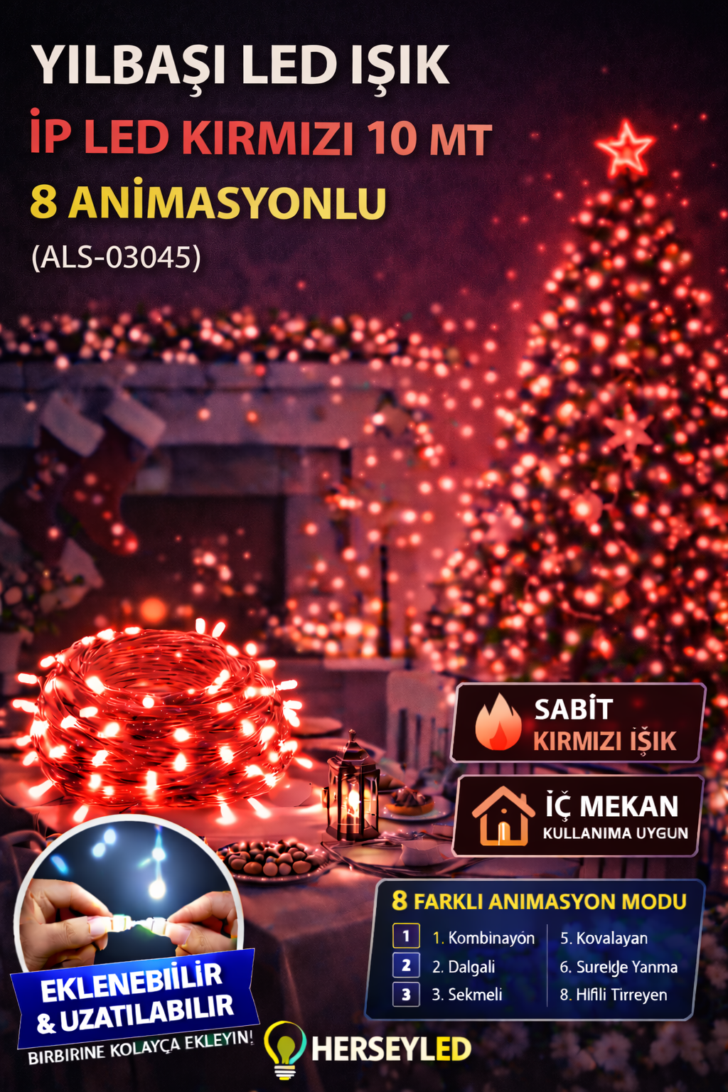 YILBAŞI LED IŞIK İP LED KIRMIZI 10 MT 8 ANIMASYON EKLENEMEZ