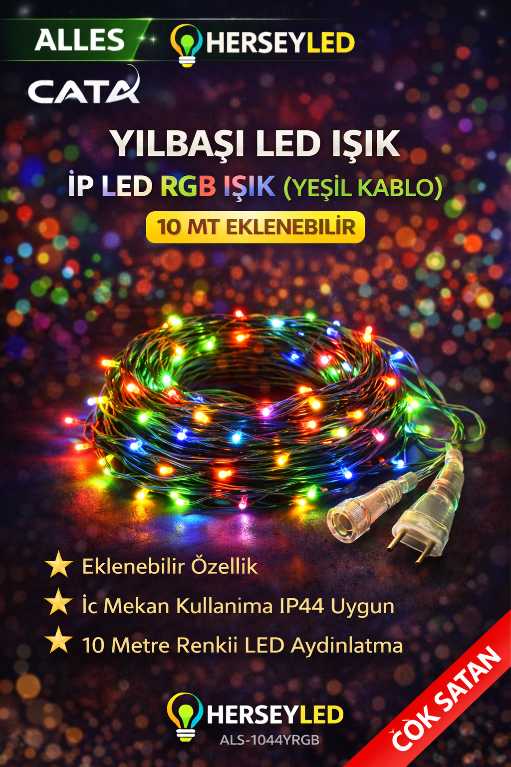 YILBAŞI LED IŞIK İP LED RGB IŞIK ( YEŞİL KABLO ) 10 MT EKLENEBİLİR İÇ MEKAN IP44 EKLENEBİLİR