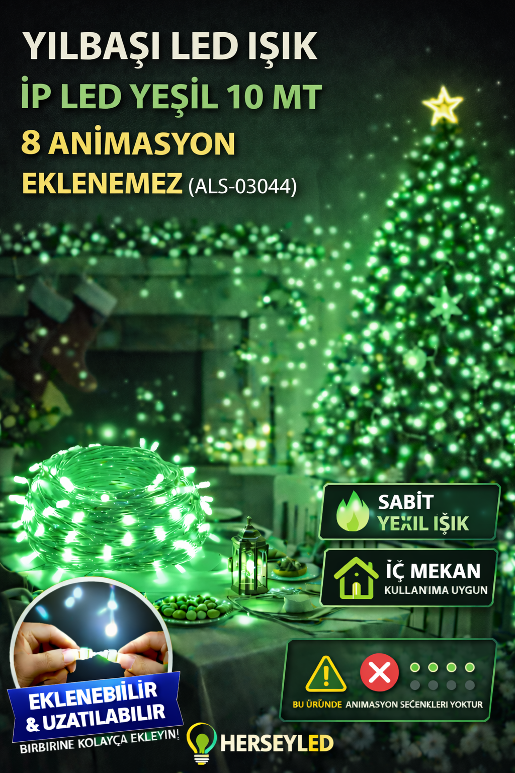 YILBAŞI LED IŞIK İP LED YEŞİL 10 MT 8 ANIMASYON EKLENEMEZ