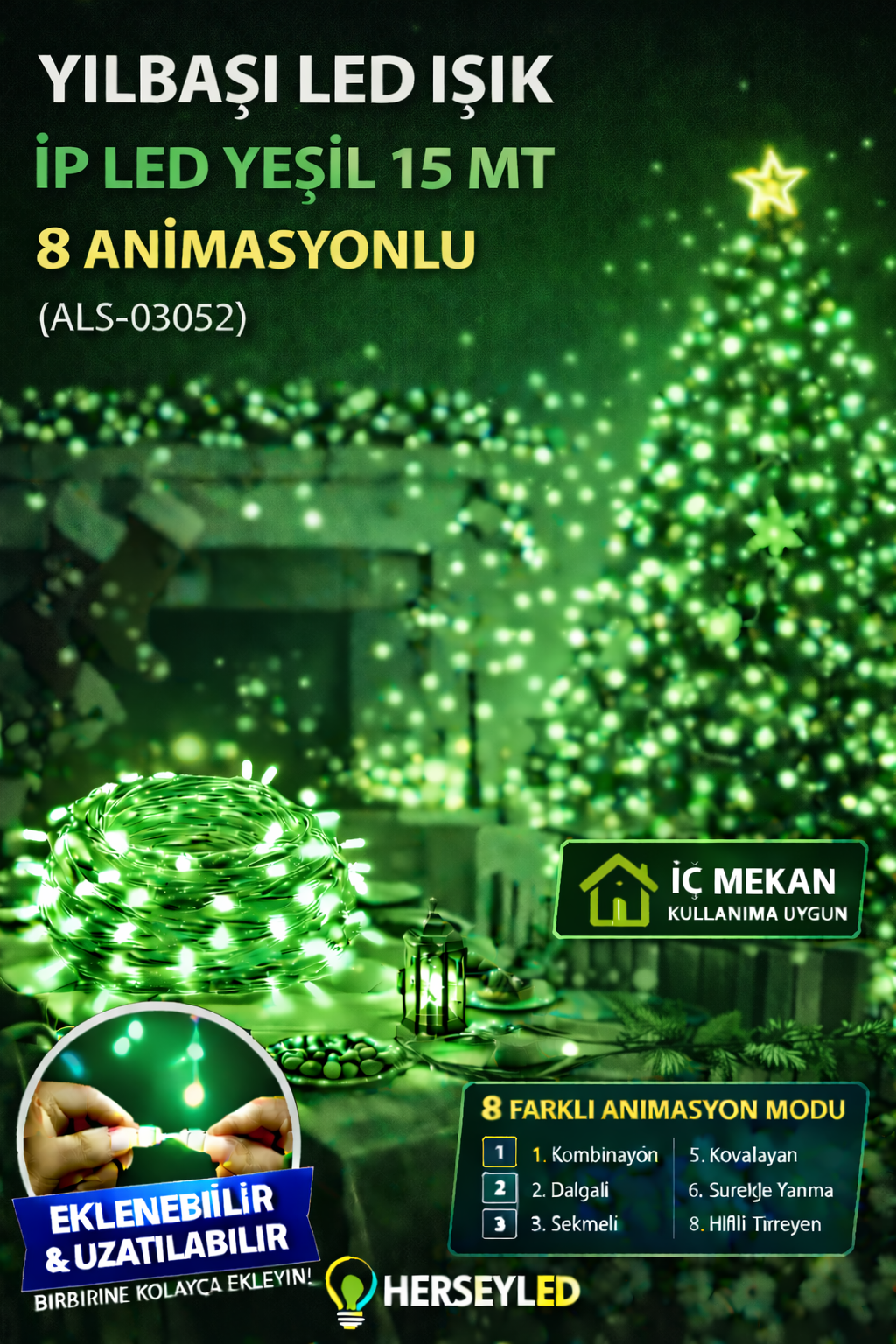 YILBAŞI LED IŞIK İP LED YEŞİL 15 MT 8 ANIMASYON EKLENEMEZ