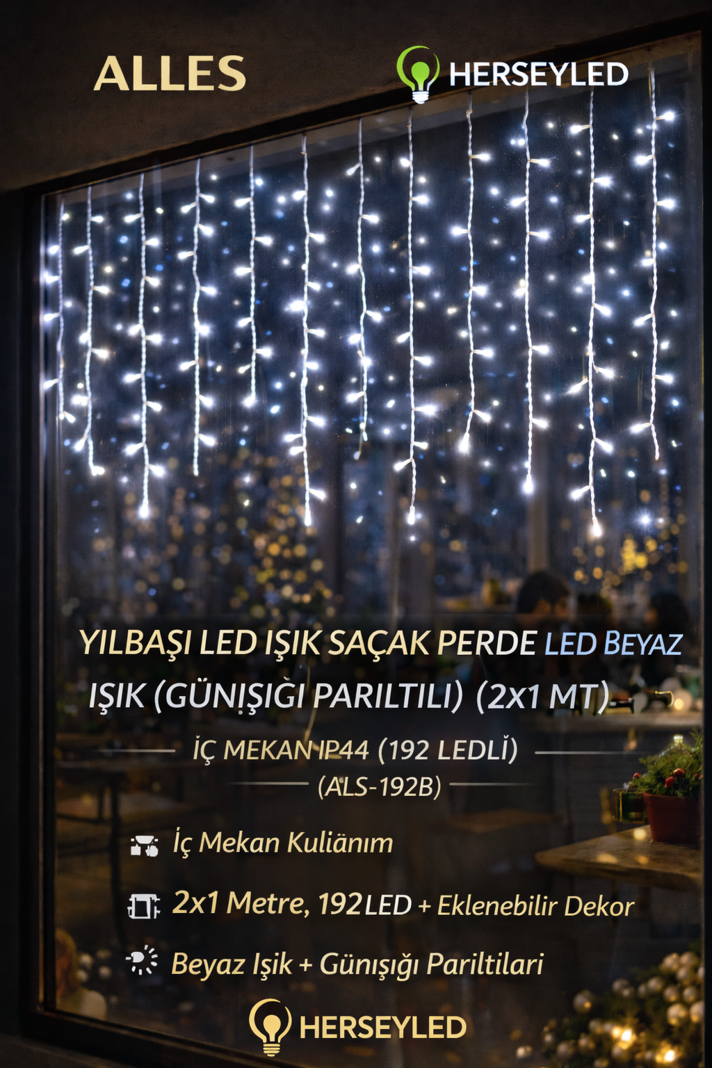 YILBAŞI LED IŞIK SAÇAK PERDE LED BEYAZ IŞIK ( GÜNIŞIĞI PARILTILI ) ( 2X1 MT ) İÇ MEKAN IP44 ( 192 LEDLİ ) EKLENEBİLİR LED DEKOR