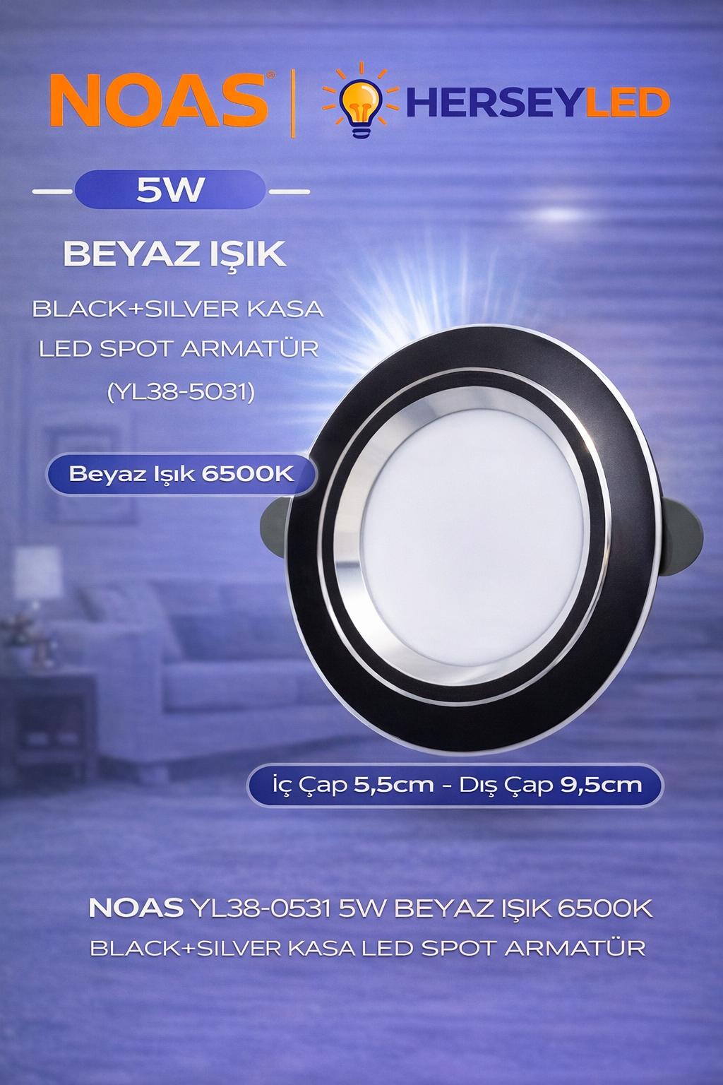 YL38-0531 NOAS 5W BEYAZ IŞIK 6500K BLACK+SILVER LED SPOT  YL38-0531