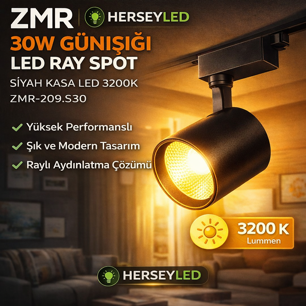 ZMR  30W GÜNIŞIĞI SİYAH KASA  LED LED RAY SPOT 3200K
