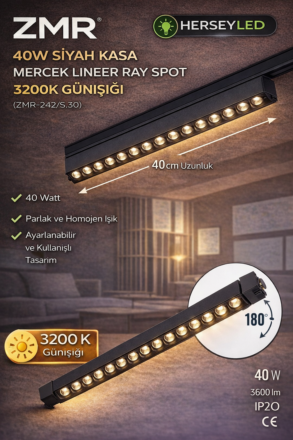 ZMR 40W SİYAH KASA MERCEK LINEER RAY SPOT 3200K GÜNIŞIĞI