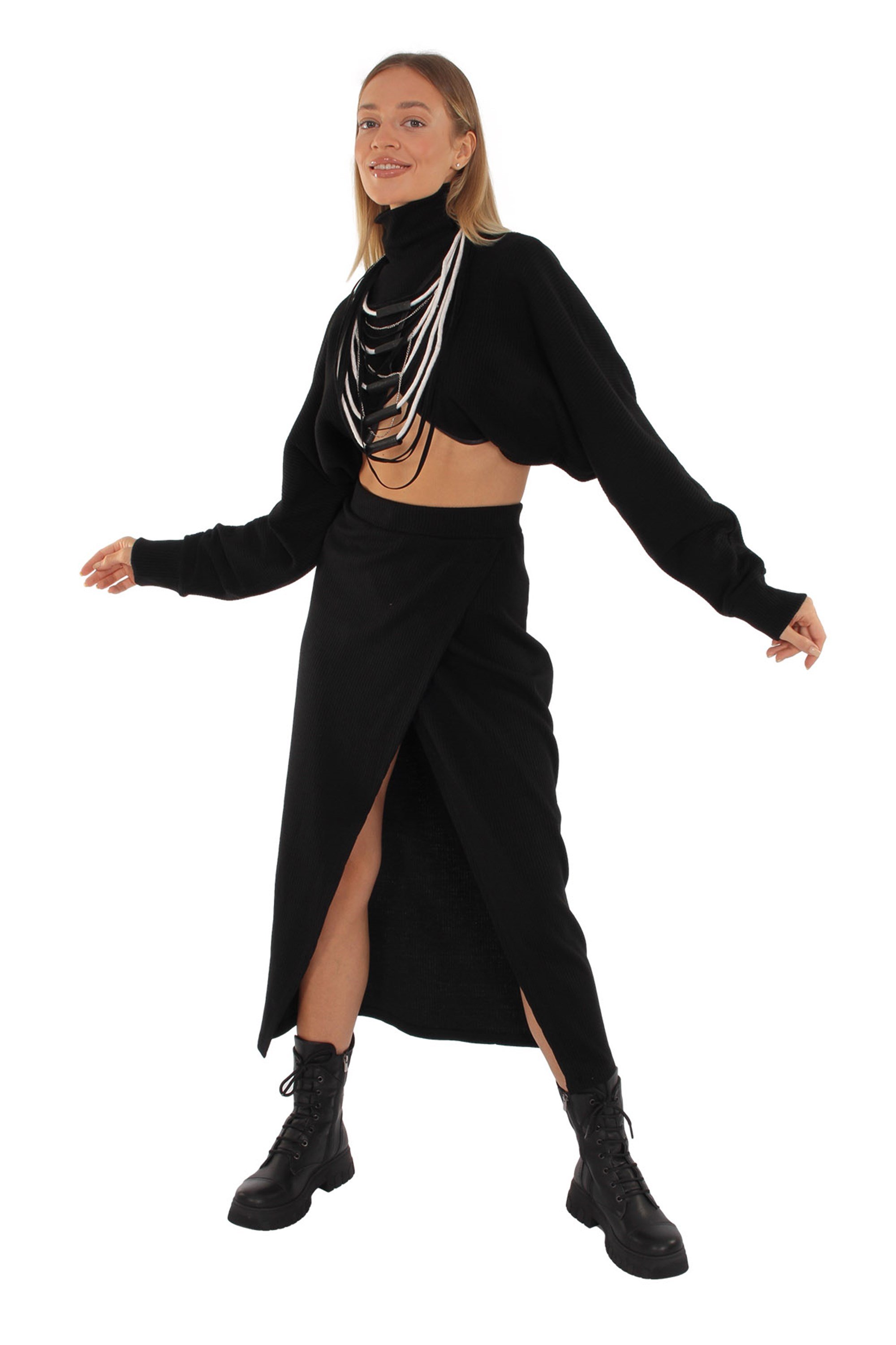 Kadın SİYAH Örme Kumaş Deri Biyeli Bolero BLUZ - askingoksu.com