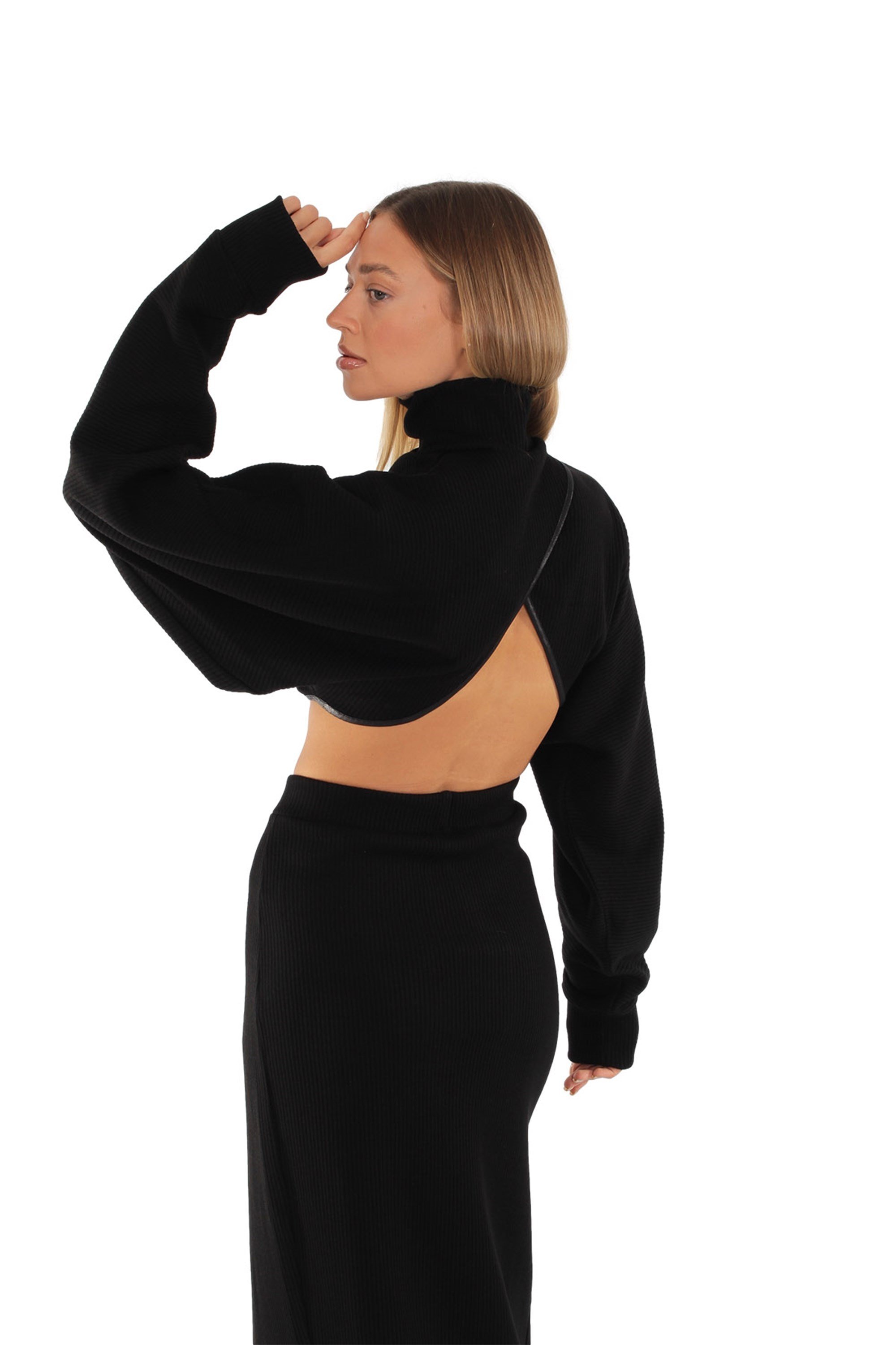 Kadın SİYAH Örme Kumaş Deri Biyeli Bolero BLUZ - askingoksu.com