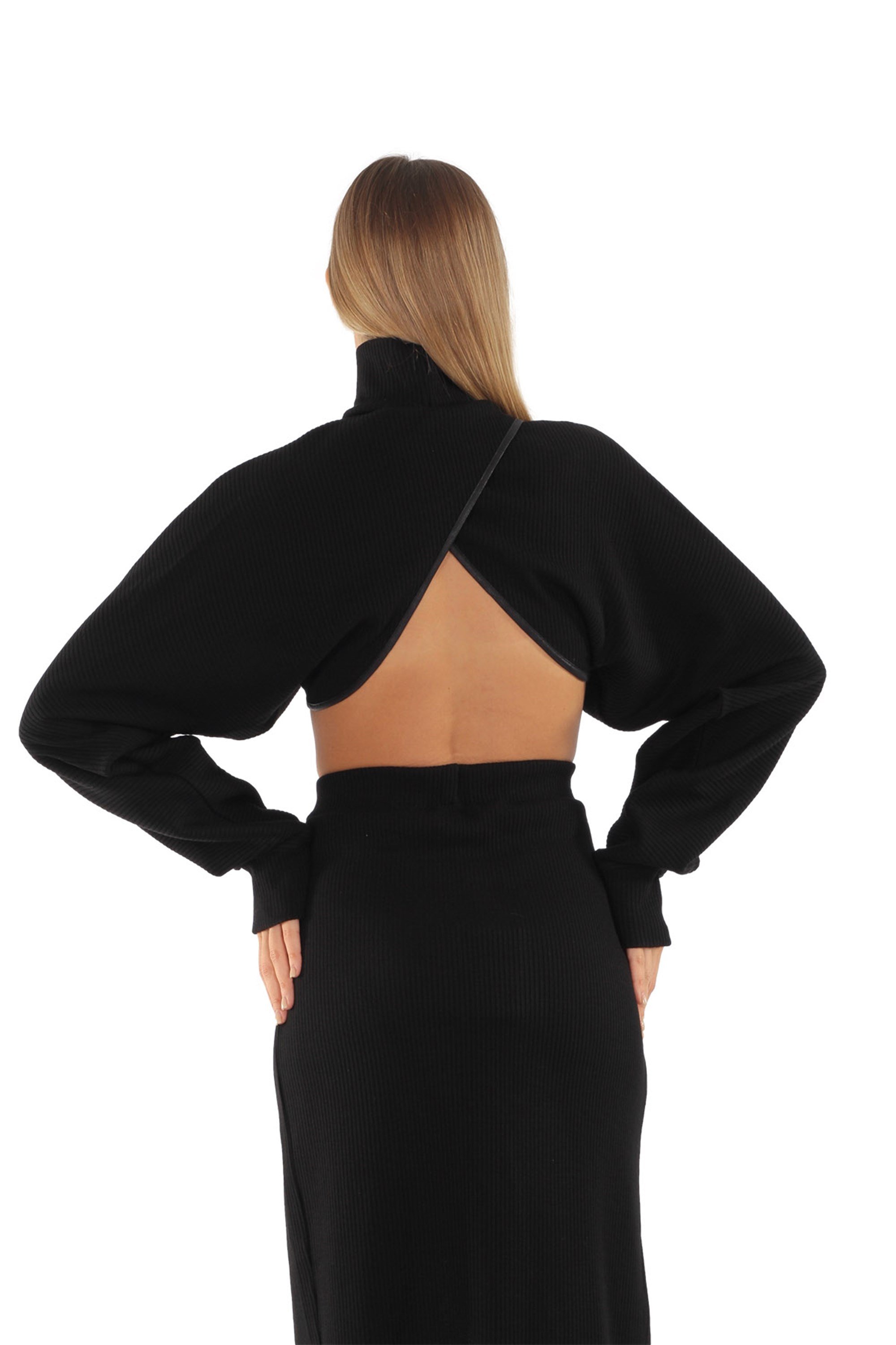 Kadın SİYAH Örme Kumaş Deri Biyeli Bolero BLUZ - askingoksu.com