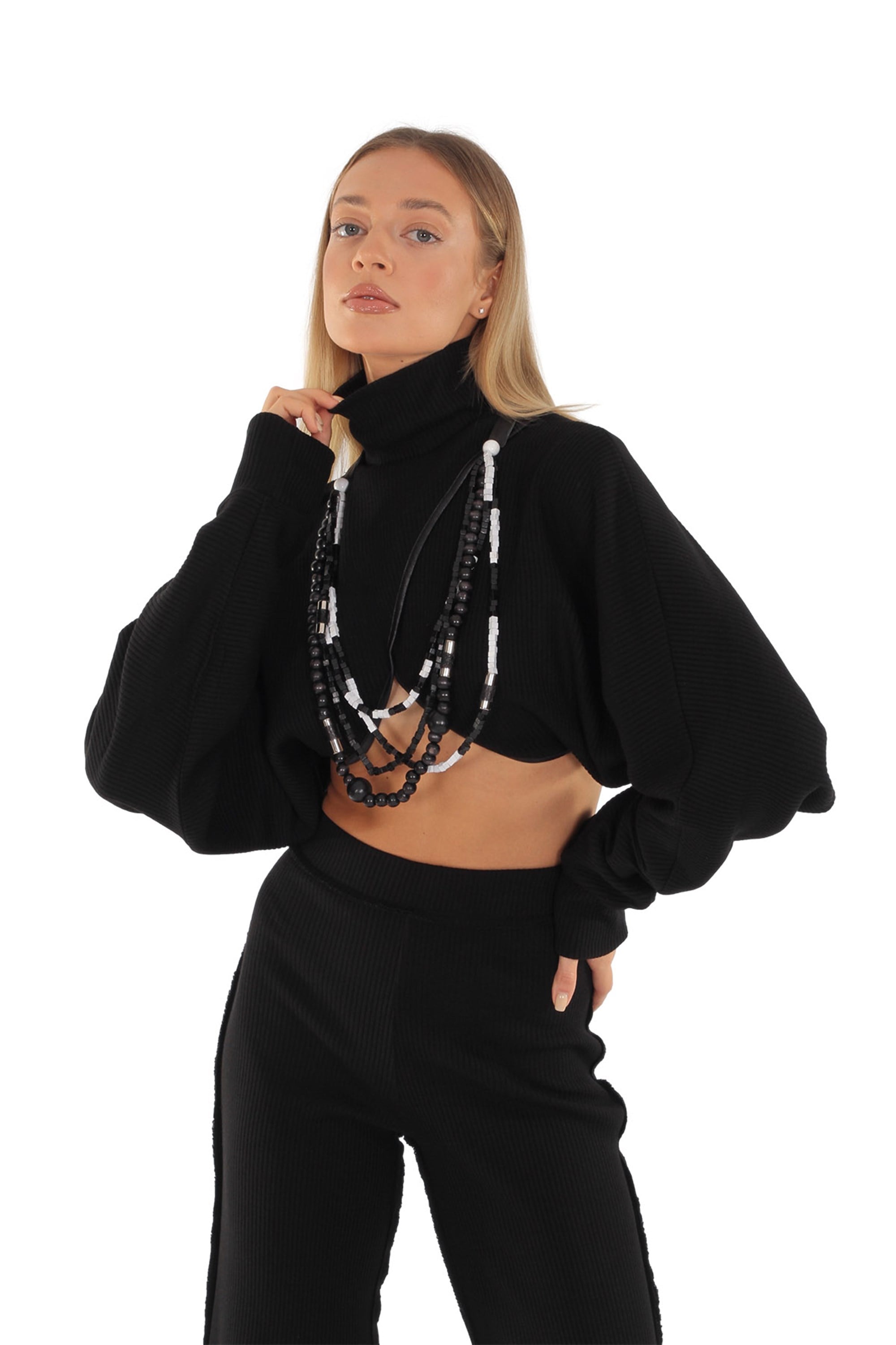Kadın SİYAH Örme Kumaş Deri Biyeli Bolero BLUZ - askingoksu.com