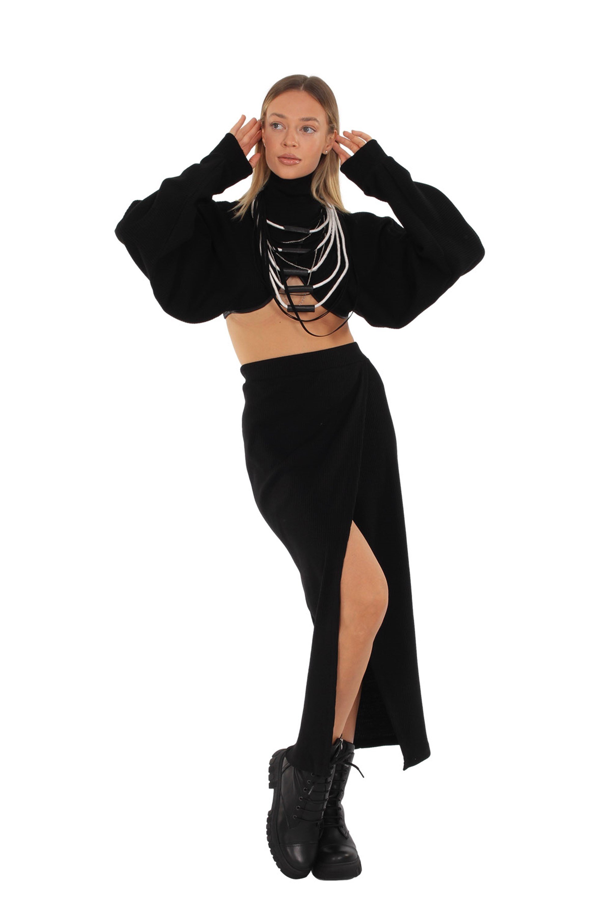 Kadın SİYAH Örme Kumaş Deri Biyeli Bolero BLUZ - askingoksu.com