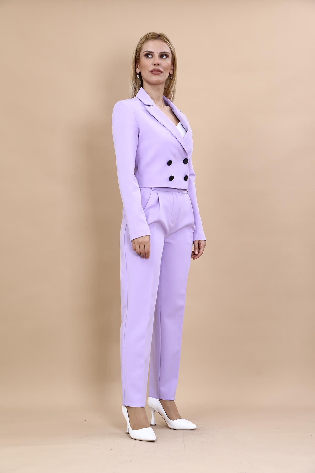  Mini Blazer Ceket & Pileli Paça Pantolon Takım-Menekşe Önder Özsoy 1048503 Mini Blazer Ceket & Pileli Boru  Paça Pantolon Takım