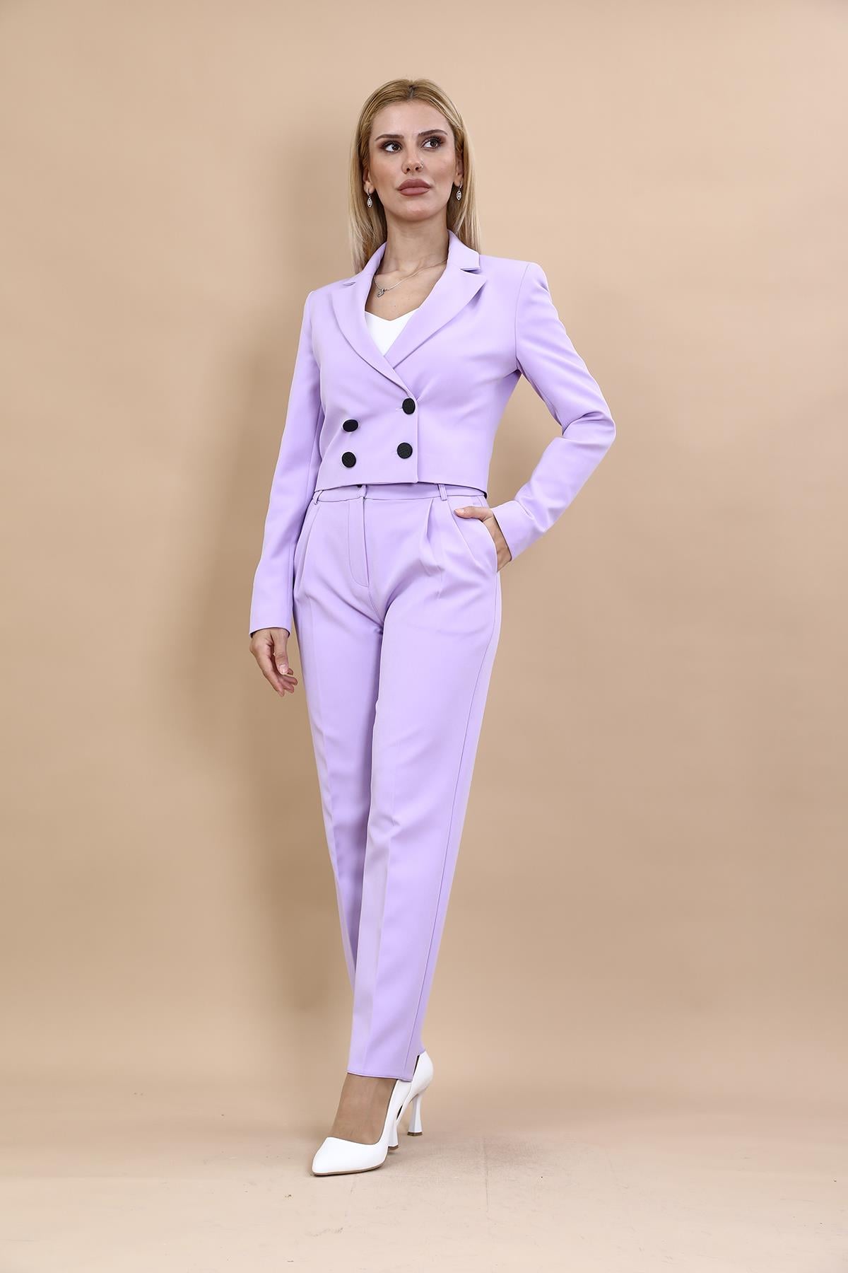  Mini Blazer Ceket & Pileli Paça Pantolon Takım-Menekşe Önder Özsoy 1048503 Mini Blazer Ceket & Pileli Boru  Paça Pantolon Takım