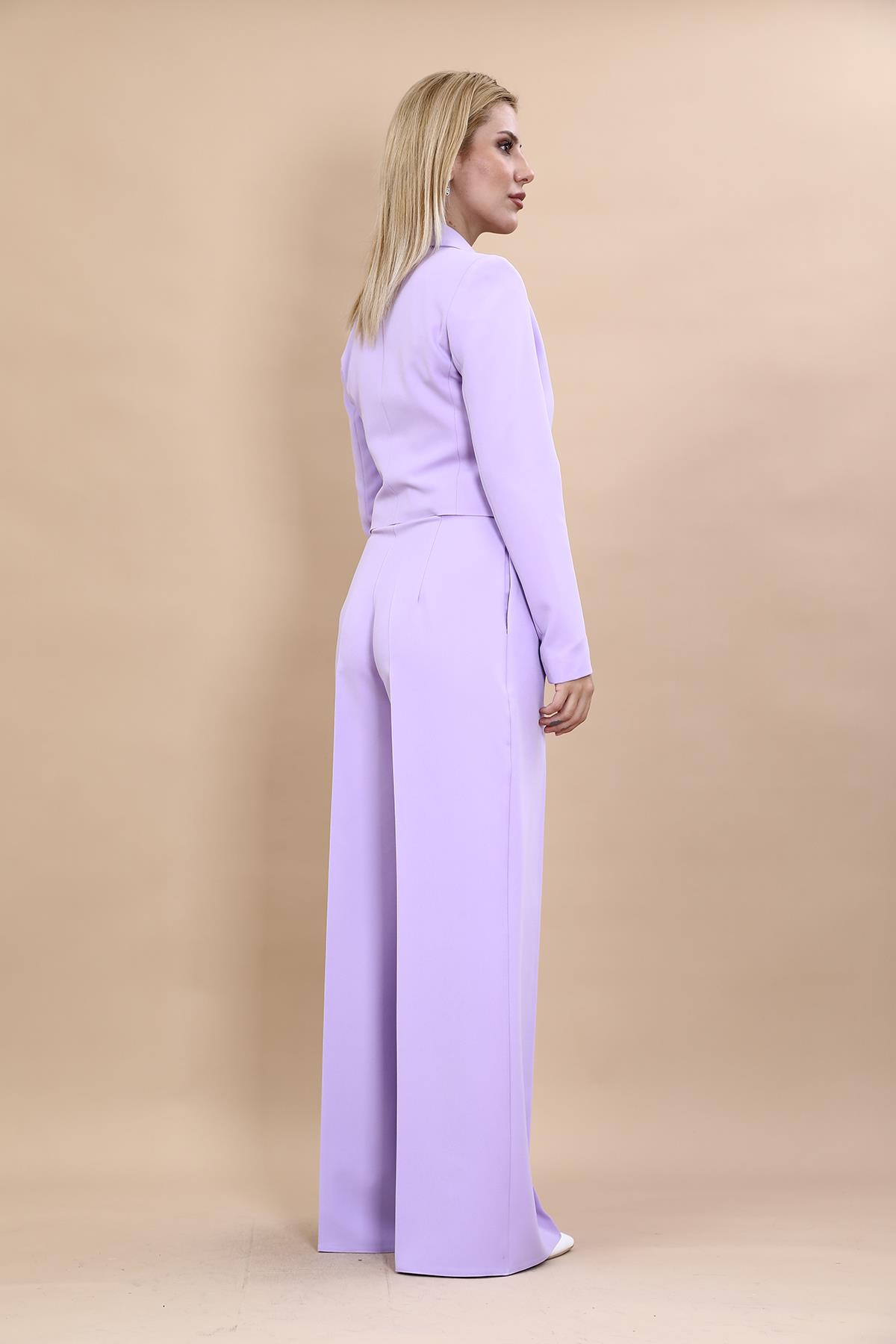  Mini Blazer Ceket & Yüksek Bel Pileli Bol Paça Pantolon Takım-Menekşe Önder Özsoy 1048521 Mini Blazer Ceket & Yüksek Bel Pileli Bol Paça Pantolon Takım