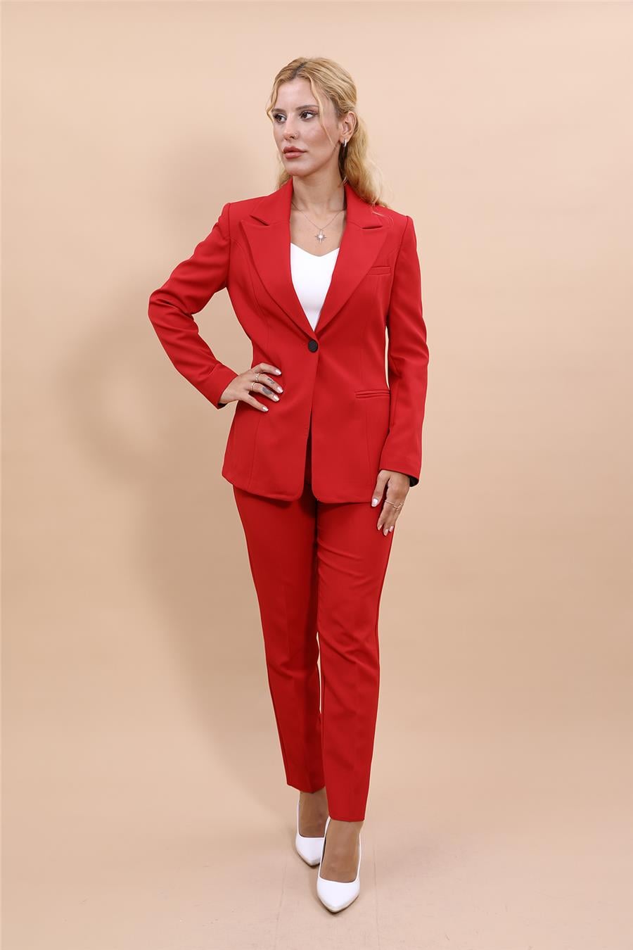  Tek Düğmeli Klasik Blazer Ceket &  Dar Paça Pantolon Kadın Takım Elbise -Kırmızı Önder Özsoy 1125510 Pantolon Ceket Takım