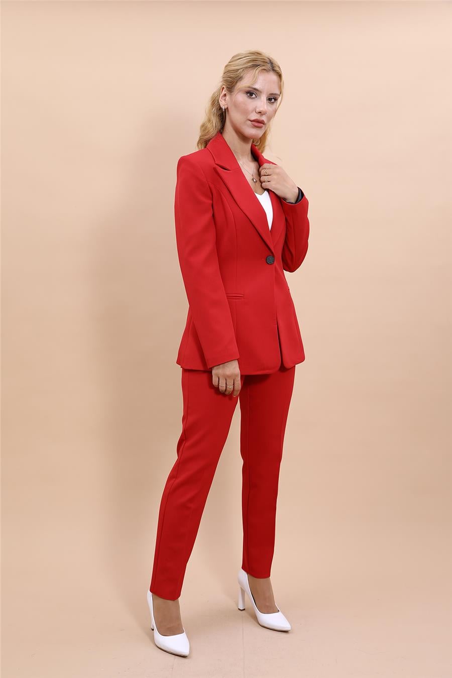   Tek Düğmeli Klasik Blazer Ceket &  Dar Paça Pantolon Kadın Takım Elbise -Kırmızı Önder Özsoy 1125510 Pantolon Ceket Takım