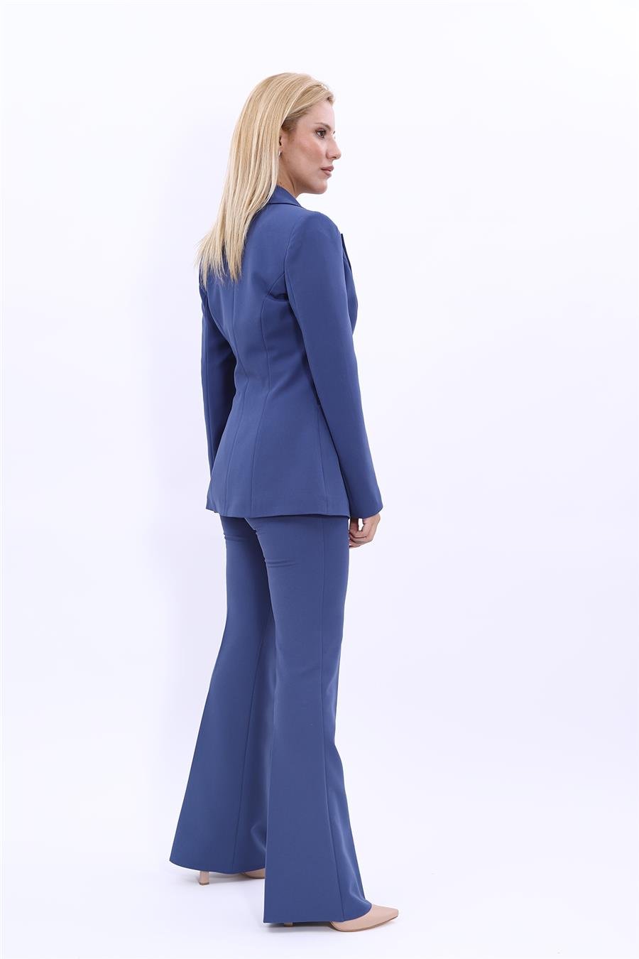  Tek Düğmeli Klasik Blazer Ceket & İspanyol Paça Pantolon Kadın Takım Elbise -İndigo Önder Özsoy 1125530 Pantolon Ceket Takım