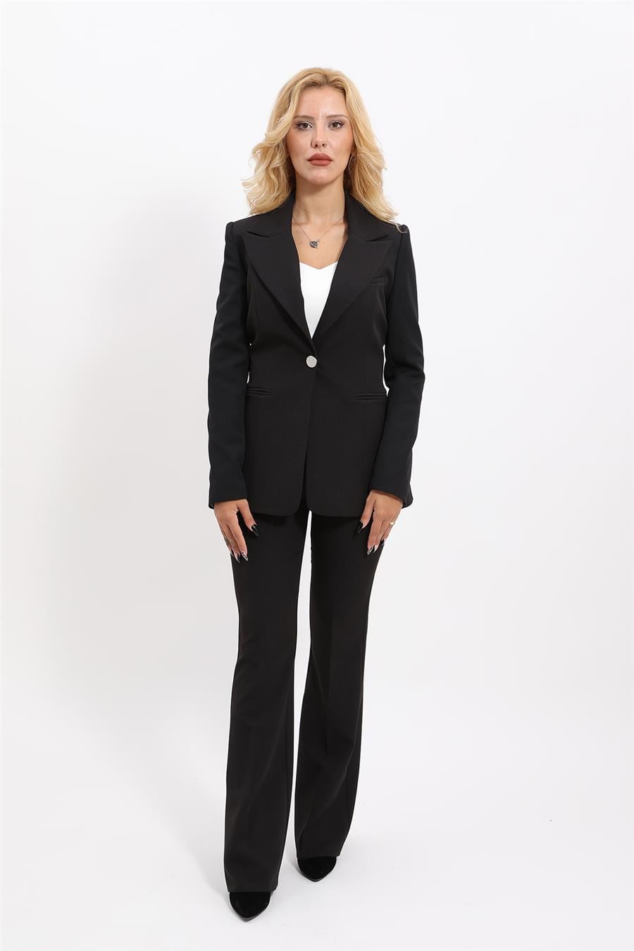 Tek Düğmeli Klasik Blazer Ceket & İspanyol Paça Pantolon Kadın Takım Elbise -Siyah Önder Özsoy 1125530 Pantolon Ceket Takım