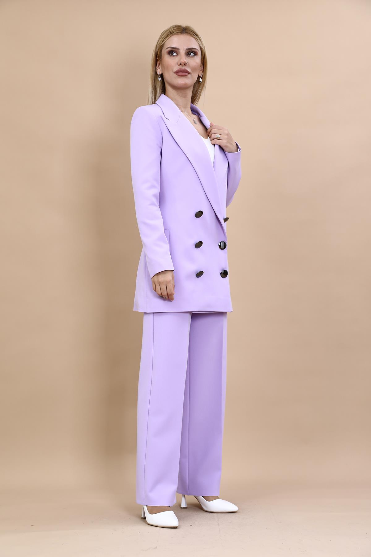  Uzun Klasik Blazer Ceket & Bol Paça Pantolon Takım-Menekşe Önder Özsoy 1066520 Uzun Klasik Blazer Ceket & Bol Paça Pantolon Takım