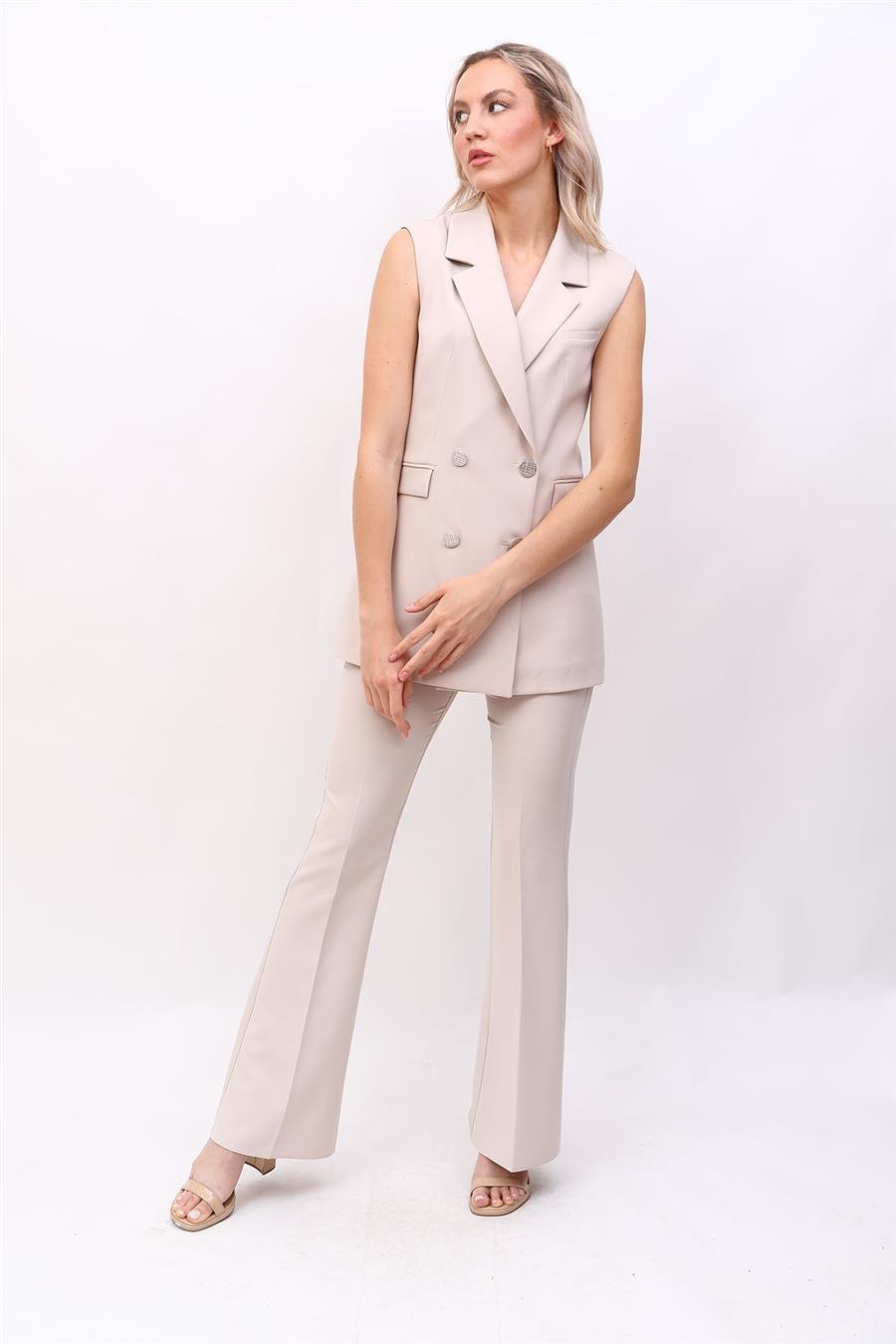 Blazer  Yelek & İspanyol Paça Pantolon-Bej Önder Özsoy 1523530 Yelek Takım