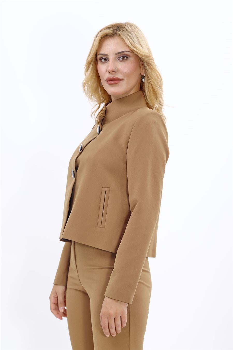 Boydan Düğmeli Mini Ceket-Camel Önder Özsoy 1010100 Kısa Ceket