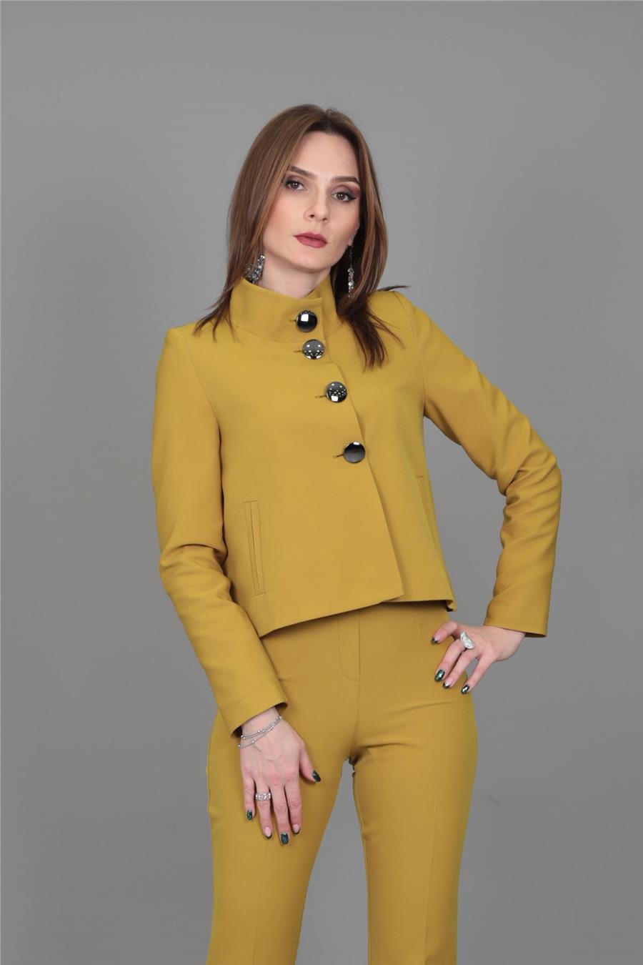 Boydan Düğmeli Mini Ceket-Fıstık Önder Özsoy 2110100 Kısa Ceket