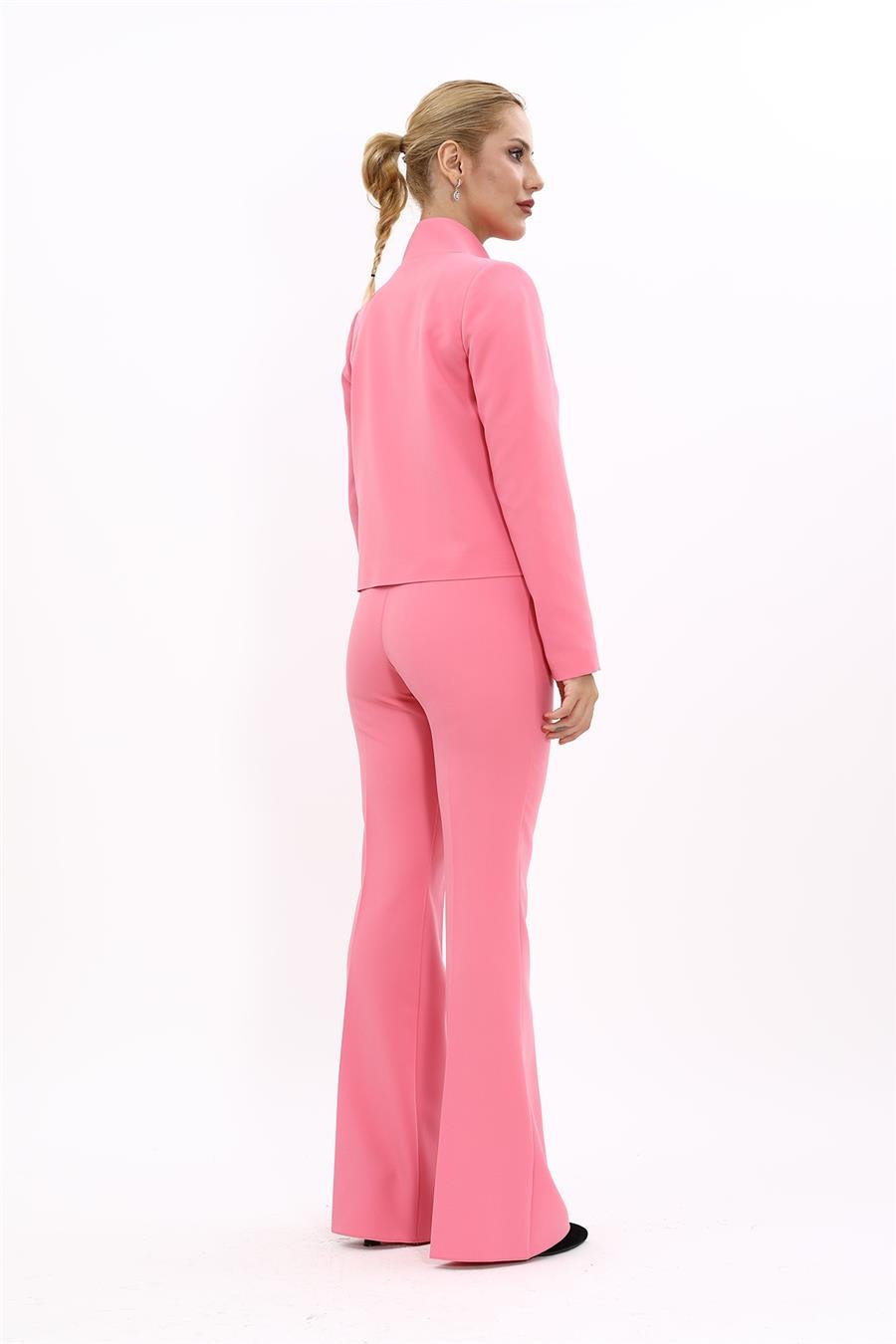 Boydan Düğmeli Mini Ceket & İspanyol  Paça Pantolon Takım-Pembe Önder Özsoy 1010530 Boydan Düğmeli Mini Ceket & İspanyol  Paça Pantolon Takım