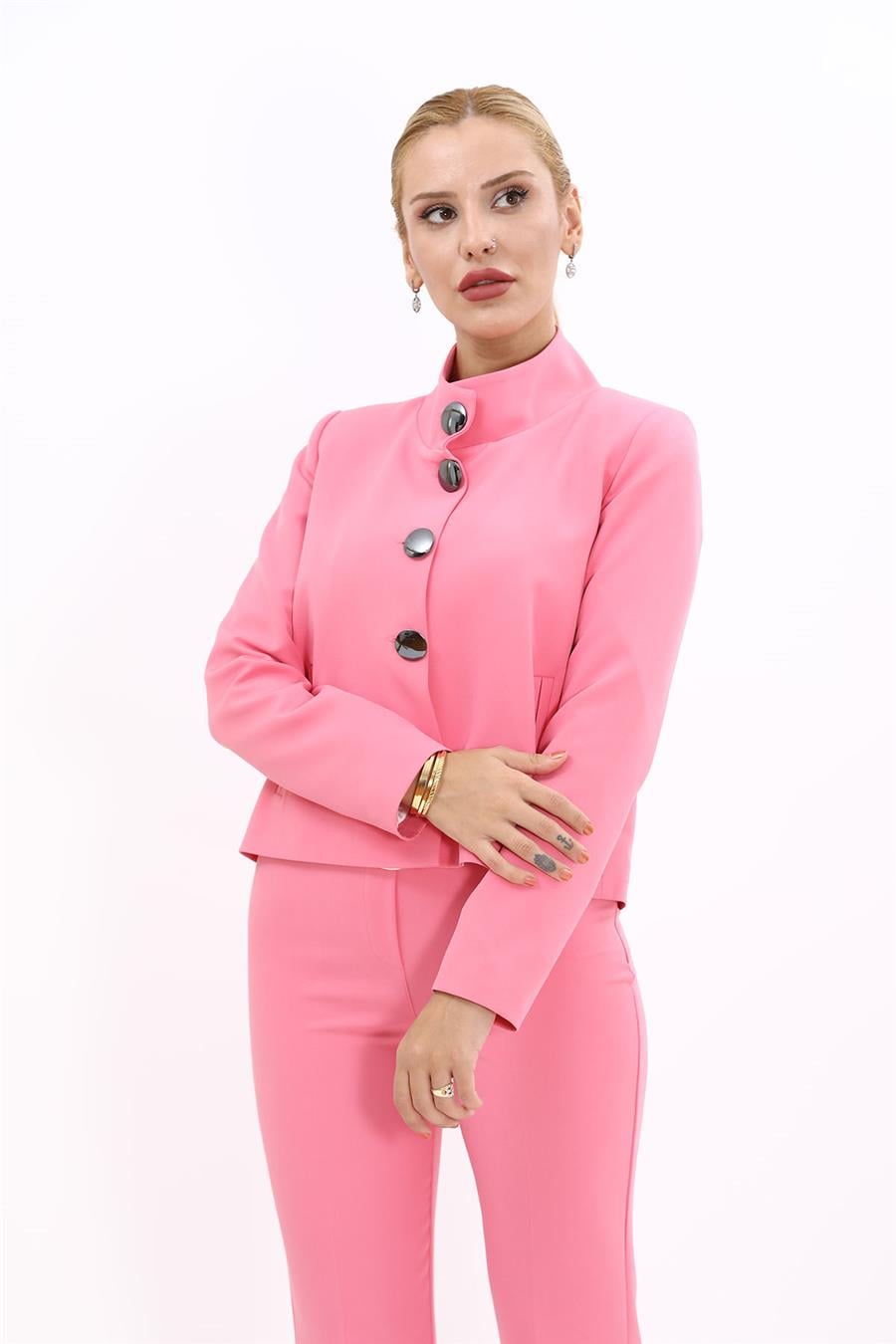 Boydan Düğmeli Mini Ceket-Pembe Önder Özsoy 2110100 Kısa Ceket