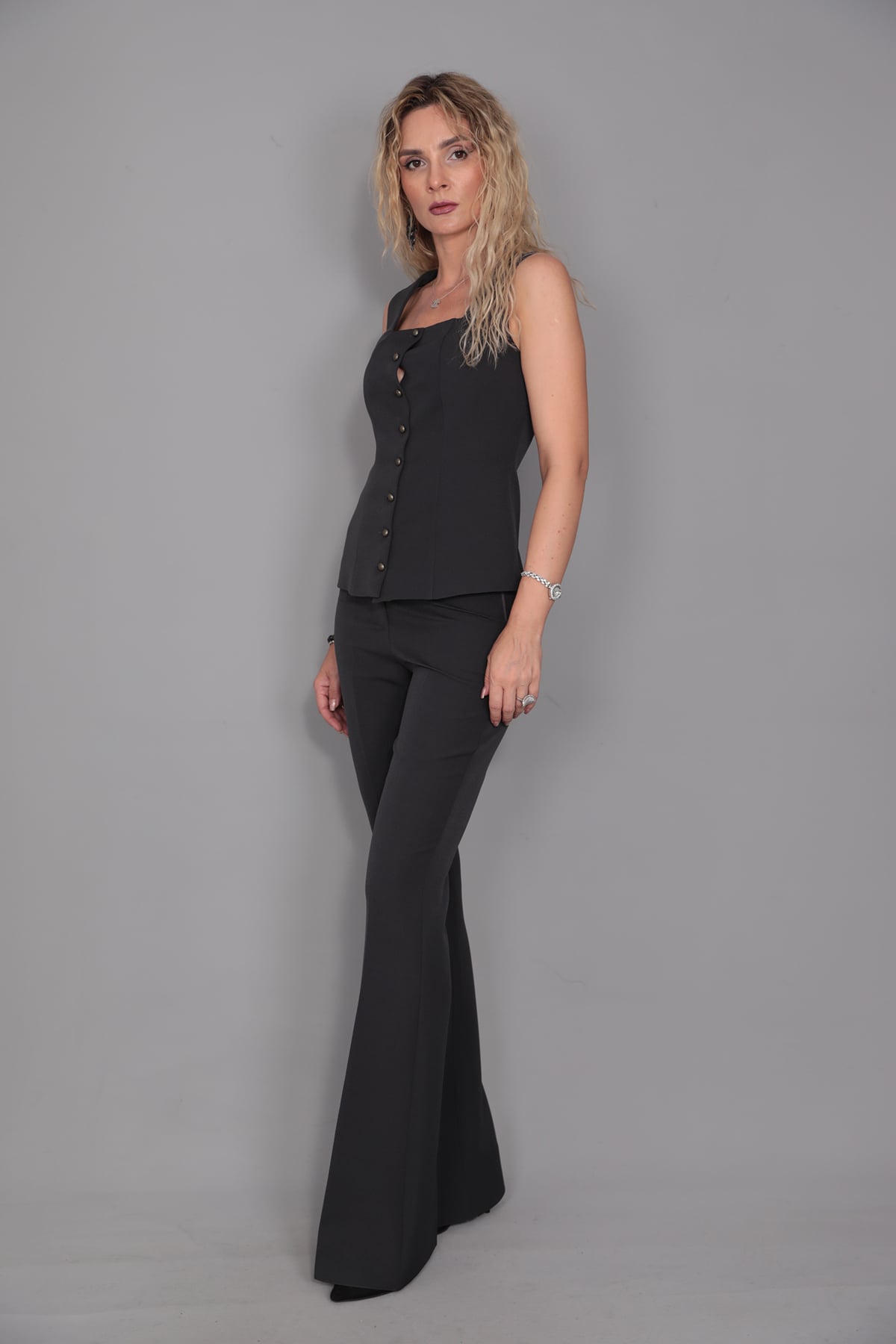 Boydan Düğmeli  Yelek & İspanyol  Paça Pantolon Takım-Füme Önder Özsoy 1511530 Takım Elbise