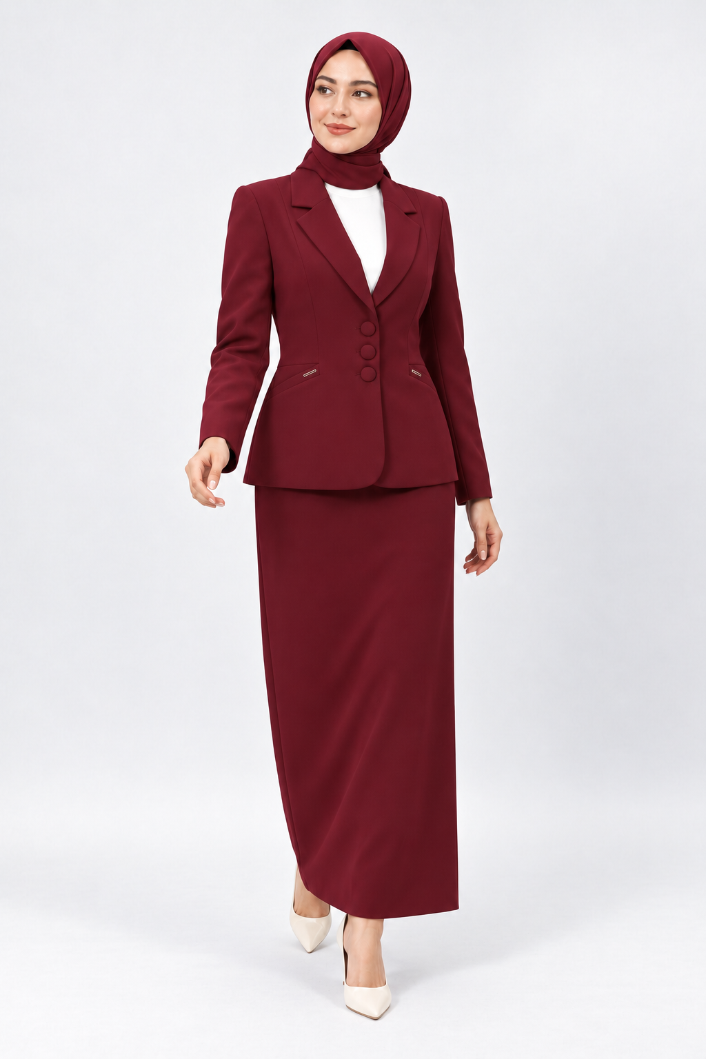 Ceket Yaka Cepli Modern Ceket & Uzun Kalem Etek Kadın Takım Elbise-Bordo - 1177553 Önder Özsoy 1177553 Uzun Etek